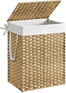 SONGMICS Laundry Hamper With Lid, 23.8 Gallon Foldable Rattan Basket, Removable Washable Liner, Natural Color