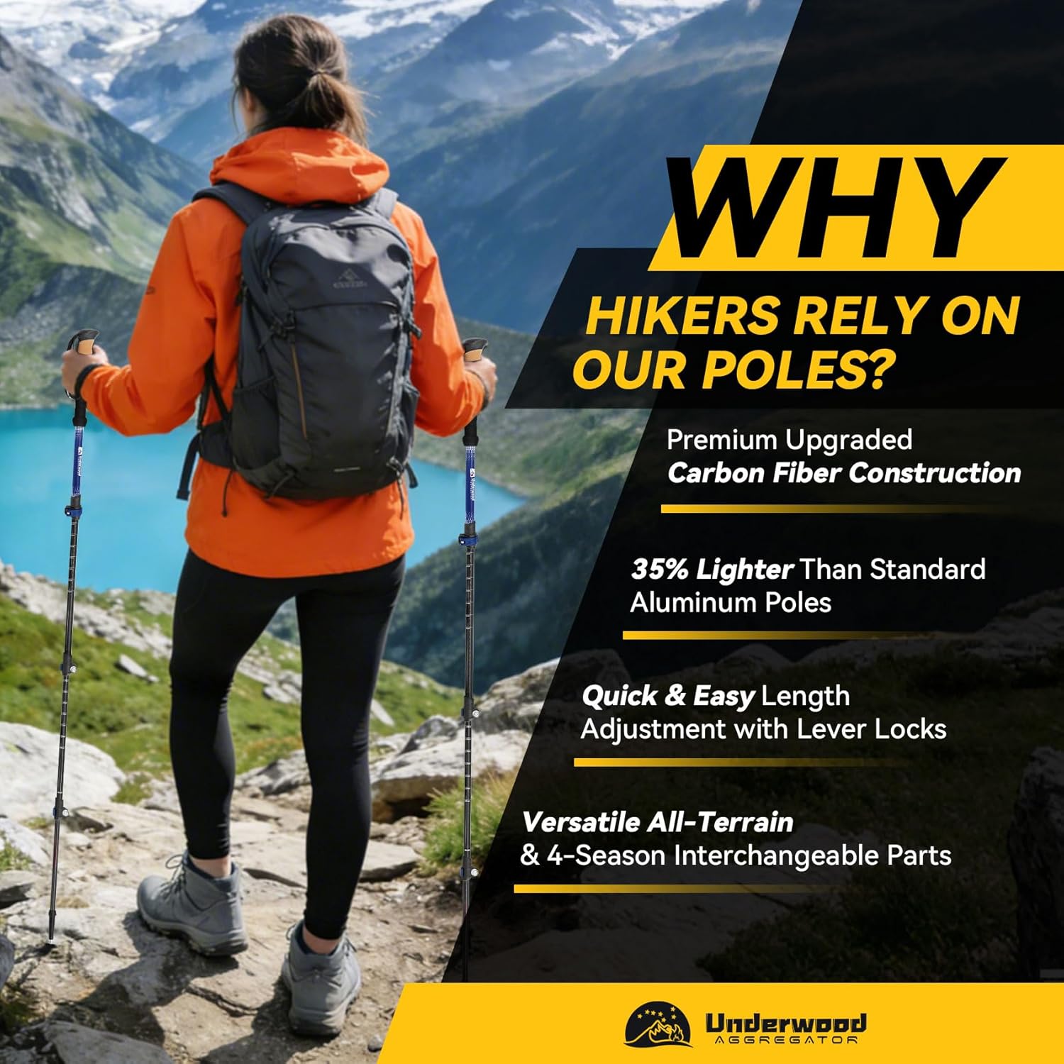 Carbon Fiber Trekking Poles Lightweight - Collapsible Hiking Poles with Cork Grip & Quick-Lock System, 2 PCS Adjustable Backpacking & Mountaineering Walking Hiking Sticks for Men, Women, Seniors