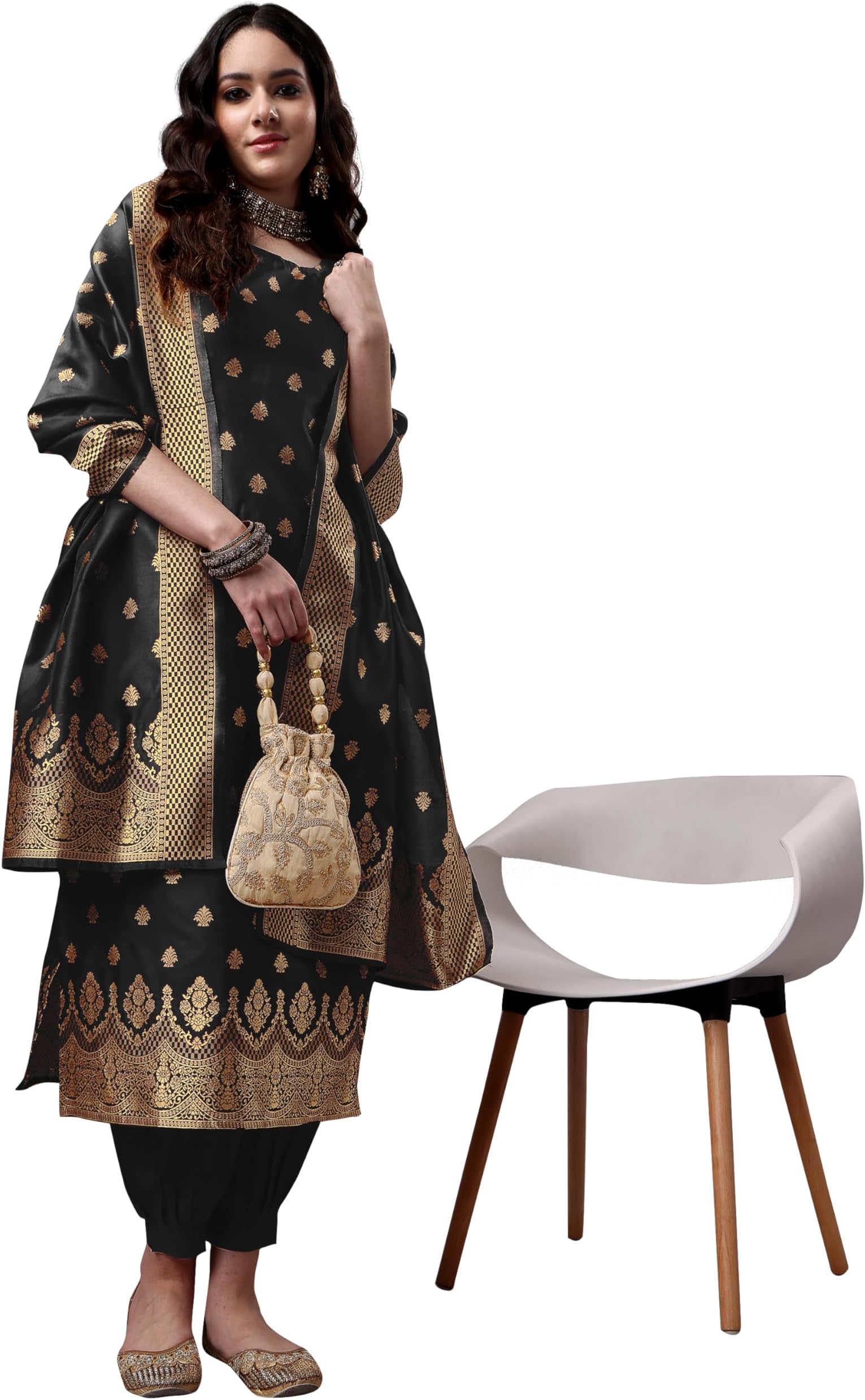 EthnicJunction Women's Embellished Woven Banarasi Silk Straight Sleeveless Kurta Pant with Dupatta Set | Karva Chauth Special Kurta Set | Ethnic Kurta Set