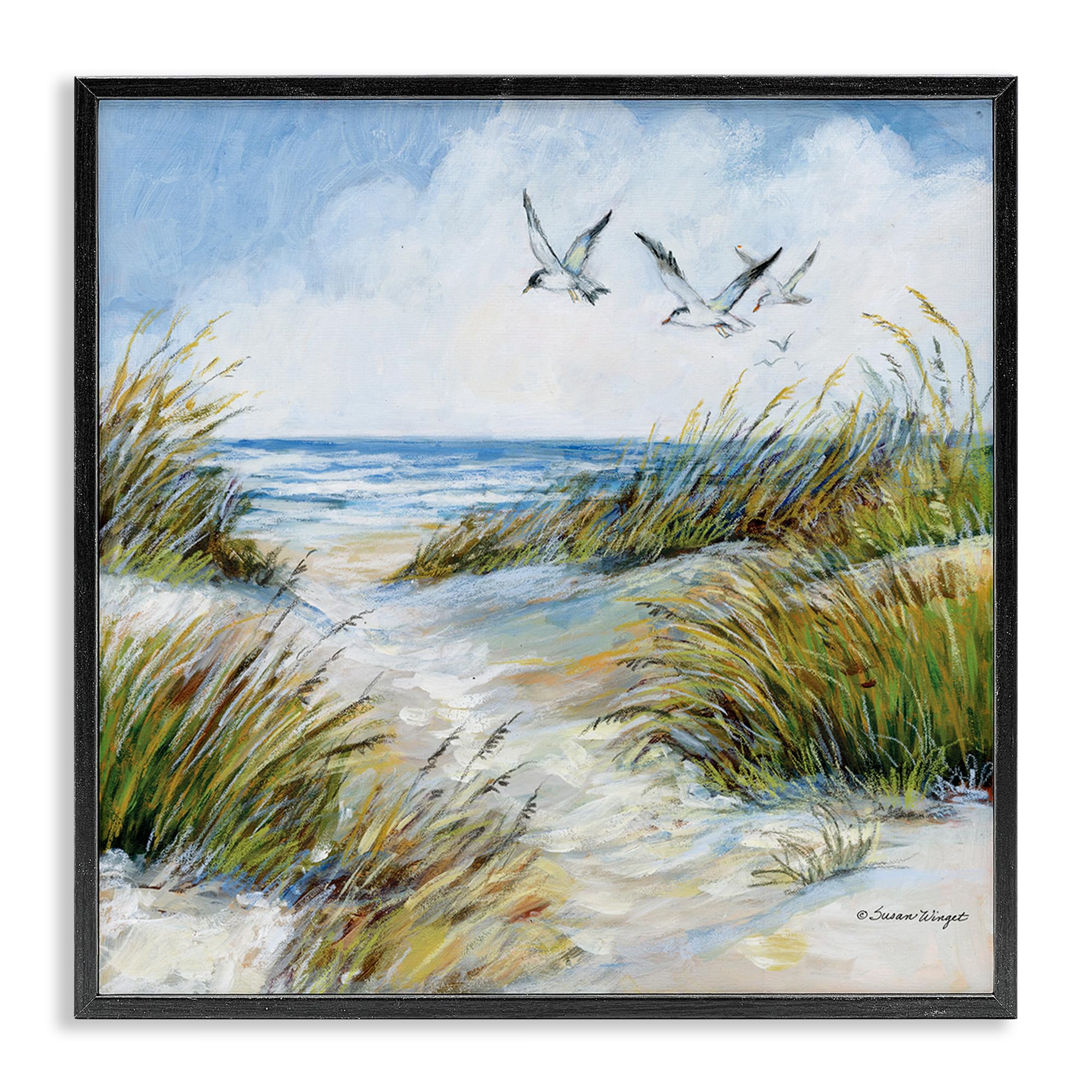 Stupell Industries Beach Dunes Seagulls In Flight 'Beach Path Seagulls Overhead', Framed Giclee Art, Black, 17 X 17 Inches, Easy To Hang And Sturdy, Made In Usa, By Susan Winget