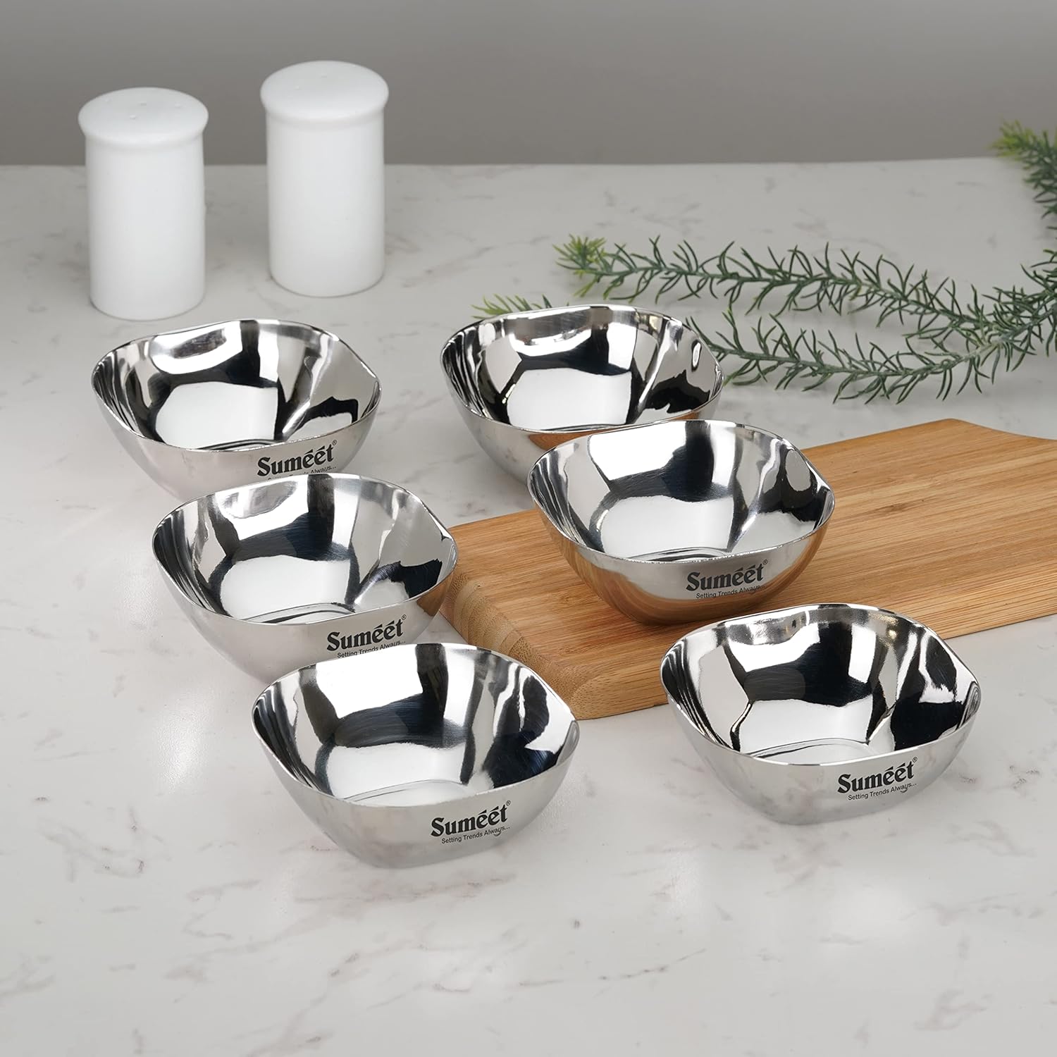 Sumeet Heavy Gauge Stainless Steel Apple Square Bowl/Wati/Katori with Mirror Finish 8cm Dia, Set of 6pc, 180ML Each - Silver
