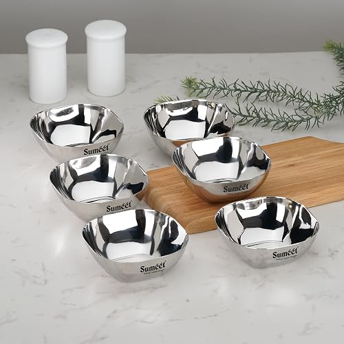 Sumeet Heavy Gauge Stainless Steel Apple Square Bowl/Wati/Katori with Mirror Fin