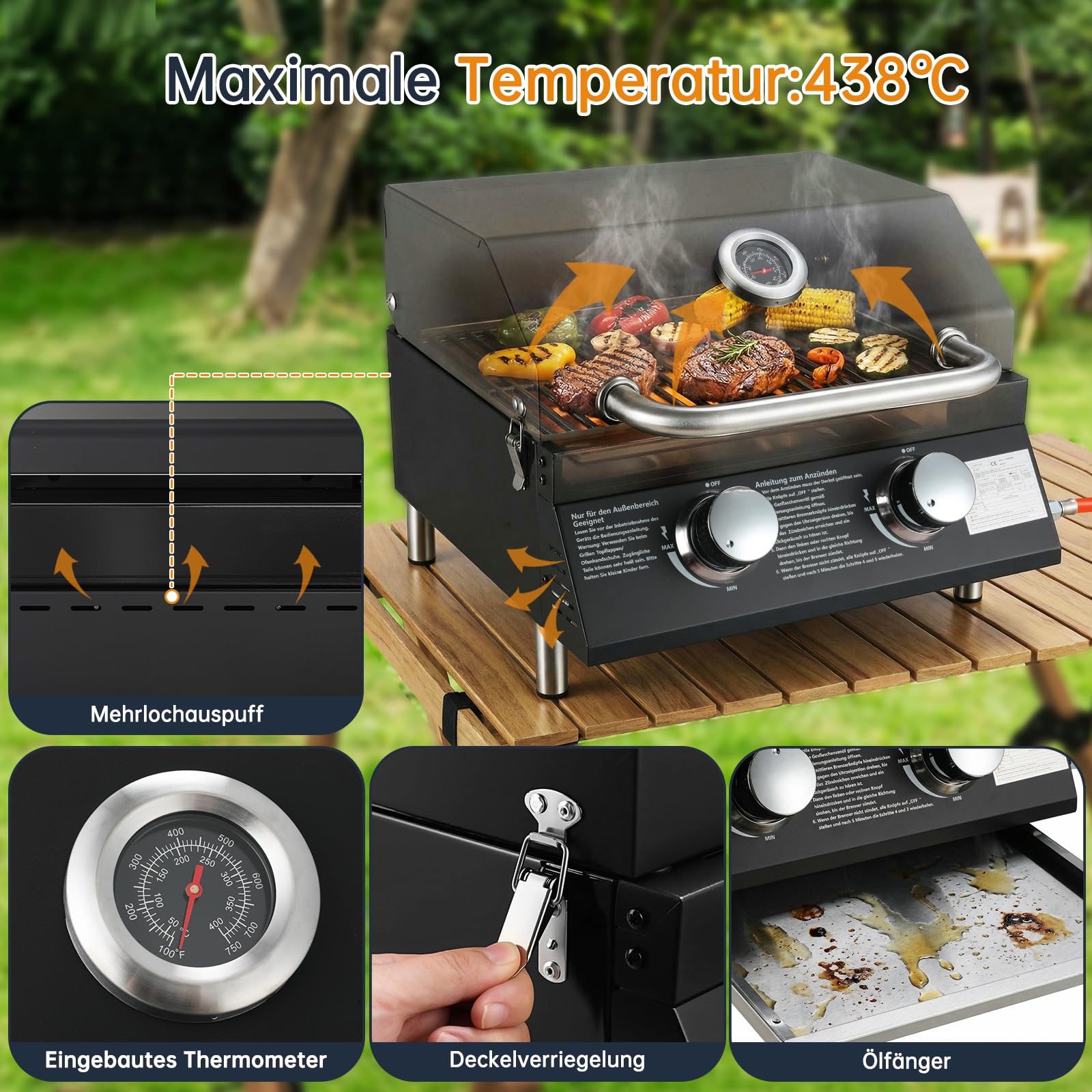 TLSUNNY 2 Brenner Gasgrill Klein, Tragbarer Tischgasgrill Kompakt mit Emaillierter Grillrost, Thermometer, Camping Gasgrill für BBQ, Balkon, Garten, 4.4kW, 42x33 cm Grillfläche, 4 PCS Füße, Schwarz