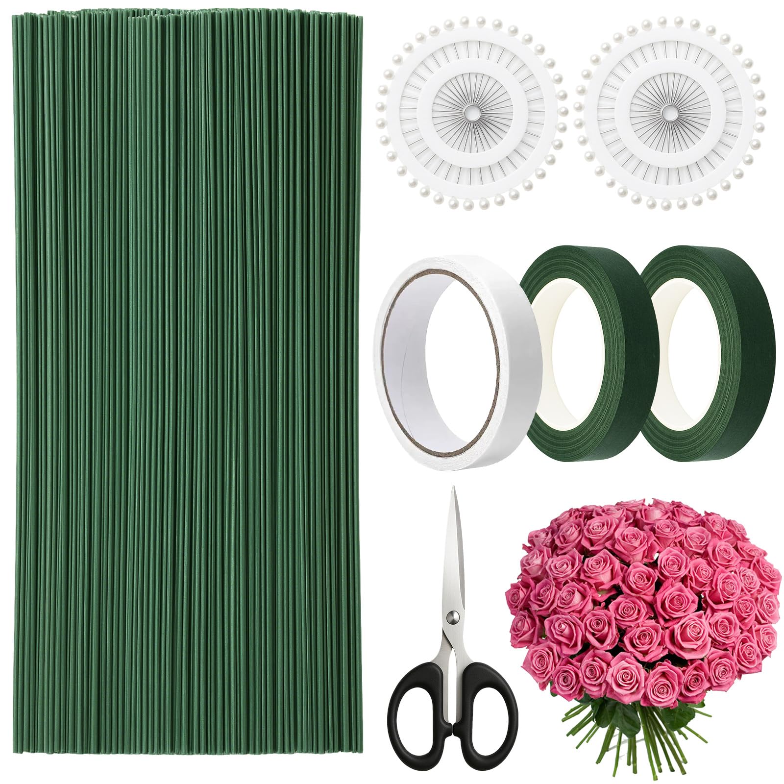 Sheryl&Rain 126 Pcs Florist Wire Stems Kit, Green Floral Wire with 2 Florist Tape, Scissors, Positioning Pins, 2mm*20cm Flower Rods for Crochet, Flexible Floristry Stem for Artificial Bouquet Wrap