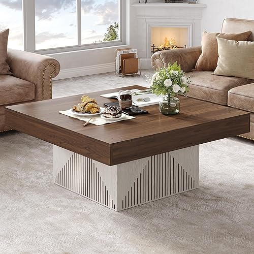 Coffee Table, Square Coffee Table with LED, Wood Low Coffee Table for Living Room, Center Table for Living Room, Natural Wood Grain - Rustic Brown+White
