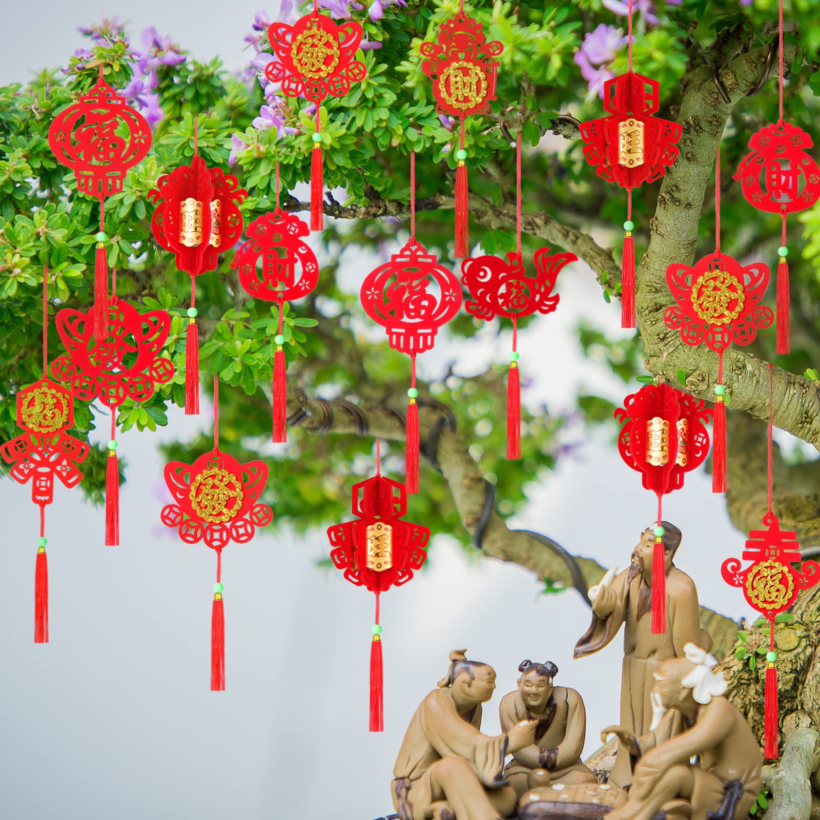 60 Pieces Chinese New Year Decorations Chinese Knot Pendant 3D Red Hanging Ornament Lucky Fu Pendants Lantern for Luna New Year Spring Festival Home Office Car Tree Decorations, 10 Designs