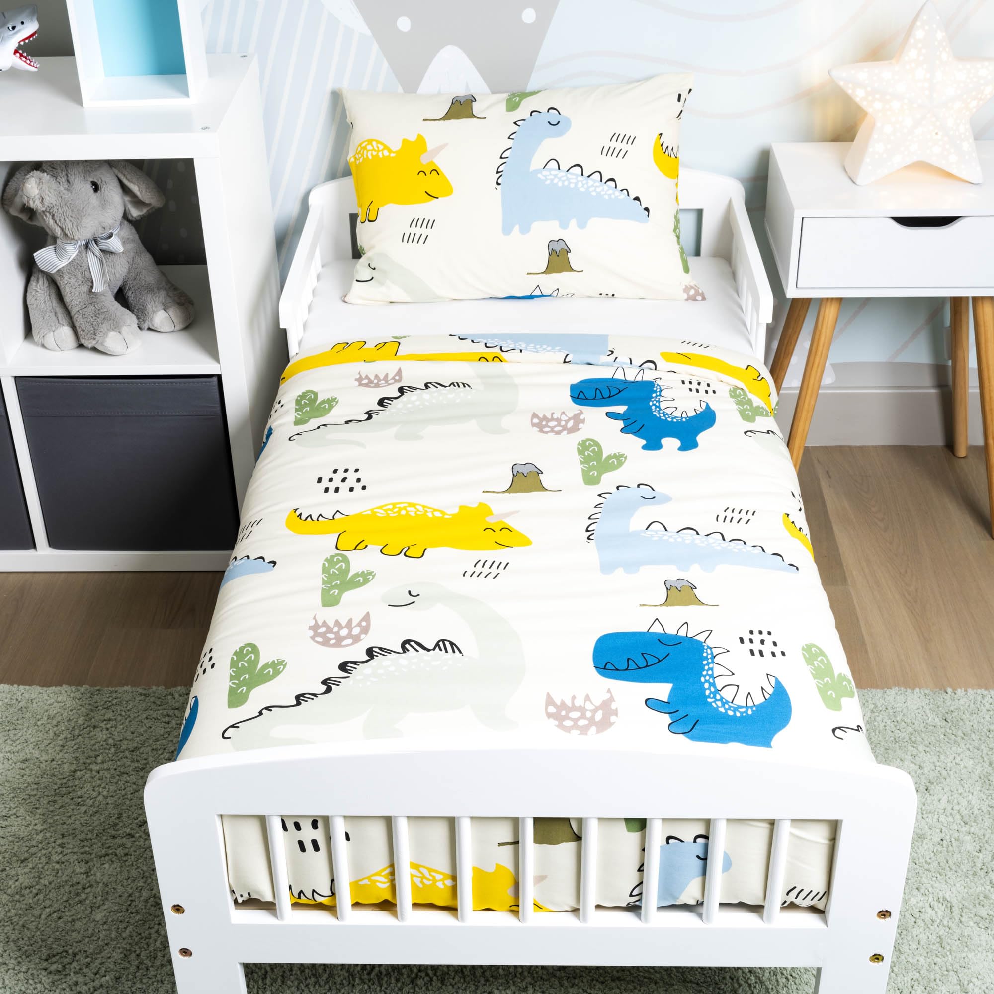 Kinderbettwäsche 100x135 aus 100% Baumwolle mit Dinos - Kinder Bettwäsche und Baby Bettwäsche Set Junge Kleinkinder - bei 60 Grad waschbar - (Dinosaurier 100 x 135 und 40 x 60)