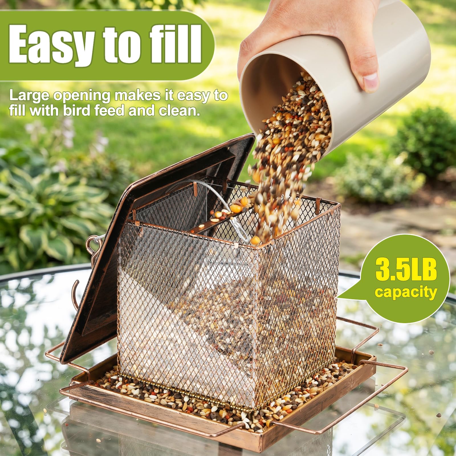 Comedero para pájaros, comedero de metal resistente para colgar al aire libre, comedero para pájaros silvestres con hebilla para jardín, patio exterior, patio, gran capacidad de 3.5 libras