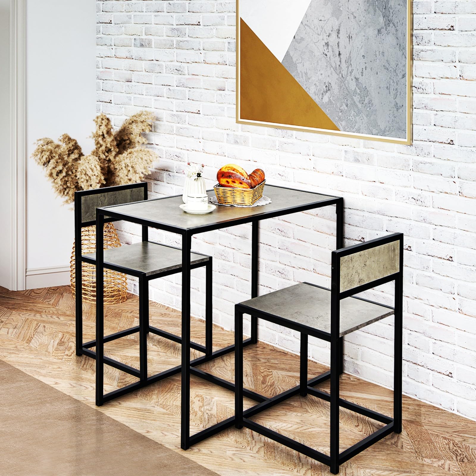 LIFEZEAL Juego de Mesa Comedor, Conjunto de Mesa y 2 sillas para Cocina, Mueble de 3 Piezas de Madera con Estructura metálica, con diseño de Poco Espacio (Gris)
