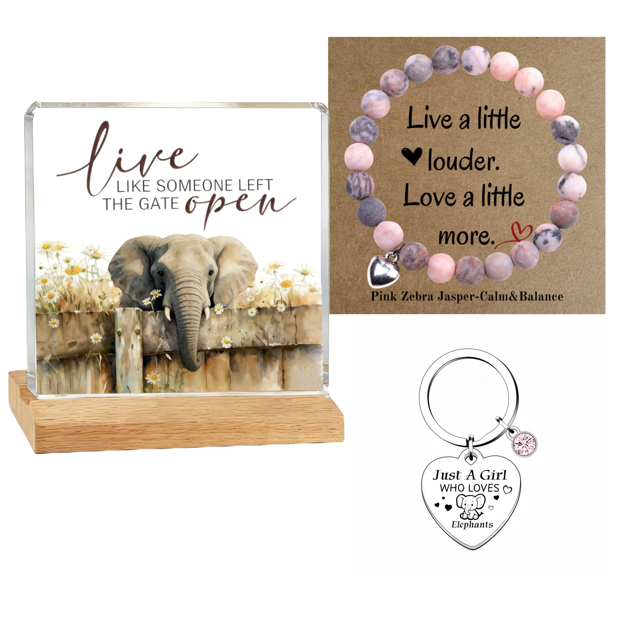 Qualisrugs Women's Elephants Elephant Gifts For - 3-In-1 Elephant Lover Gift Set With Pink Zebra Jasper Wristlet Keychain Accessory, Acrylic Desk Plaque & Heart Keyring - Just A Girl Who Loves Birthday Present