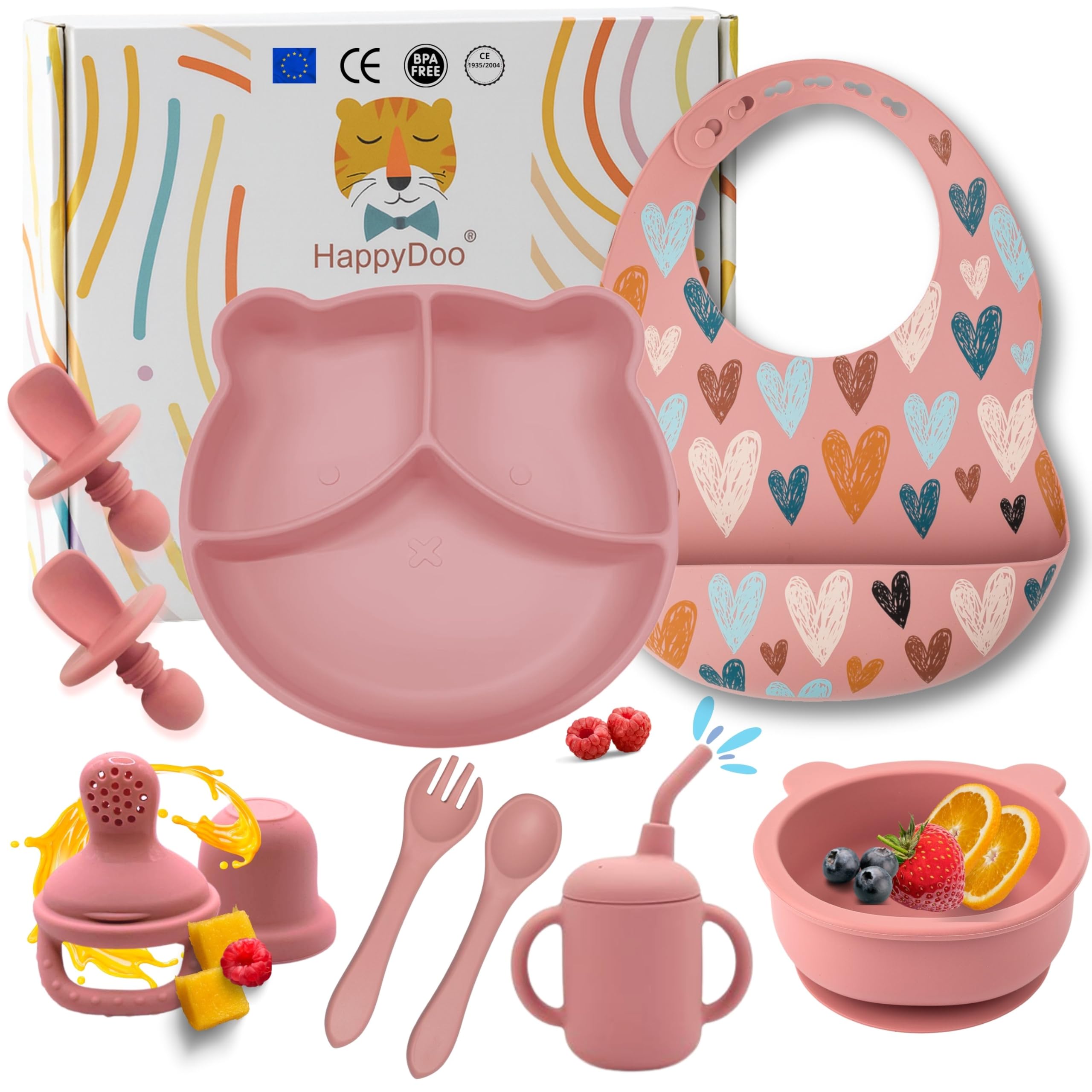HappyDoo | Set Pappa Svezzamento | 12 Pezzi | Piatto Svezzamento con Ventosa | Citola | Bavaglini | Posate per Bambini | Bicchiere |Regalo Ciuccio Frutta |Set Pappa senza BPA | In Confezione Regalo