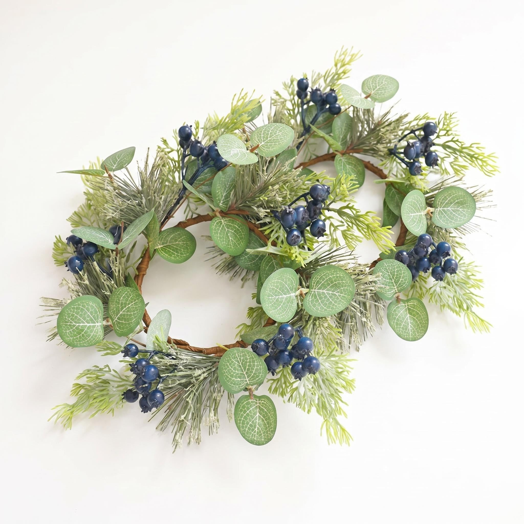 2 Pcs Artificial Eucalyptus Candle Rings Fake Blue Berry Wreaths Wedding Centerpieces for Tables Spring Summer Farmhouse Weddings Party Ceremony Decor (Multicolor)