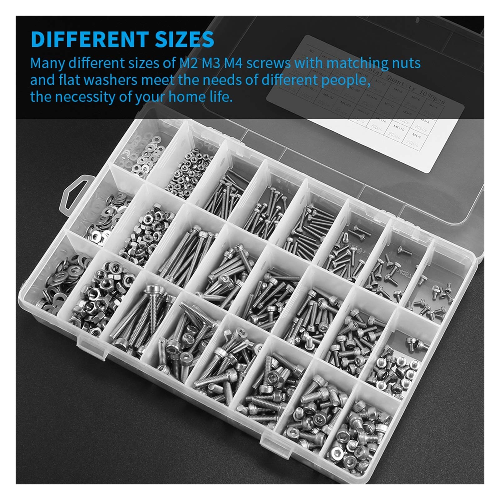 Vis à tête cylindrique à six pans creux 1080pcs M2 M3 M3 M3 M4 Socket Hex Set Set En Acier Inoxydable Vis Vis Boulons Nuts Rondelles plats Kit d'assortiment avec boîte de rangement Haute résistance et