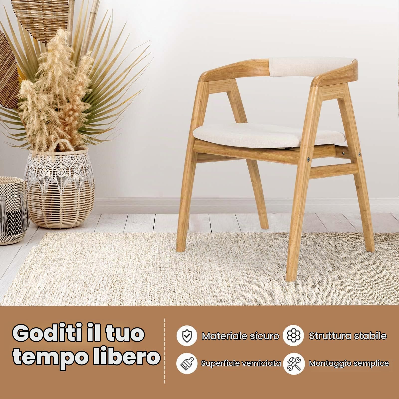 RELAX4LIFE Sedia da Pranzo in Bambù con Seduta Imbottita, 56x54x74cm