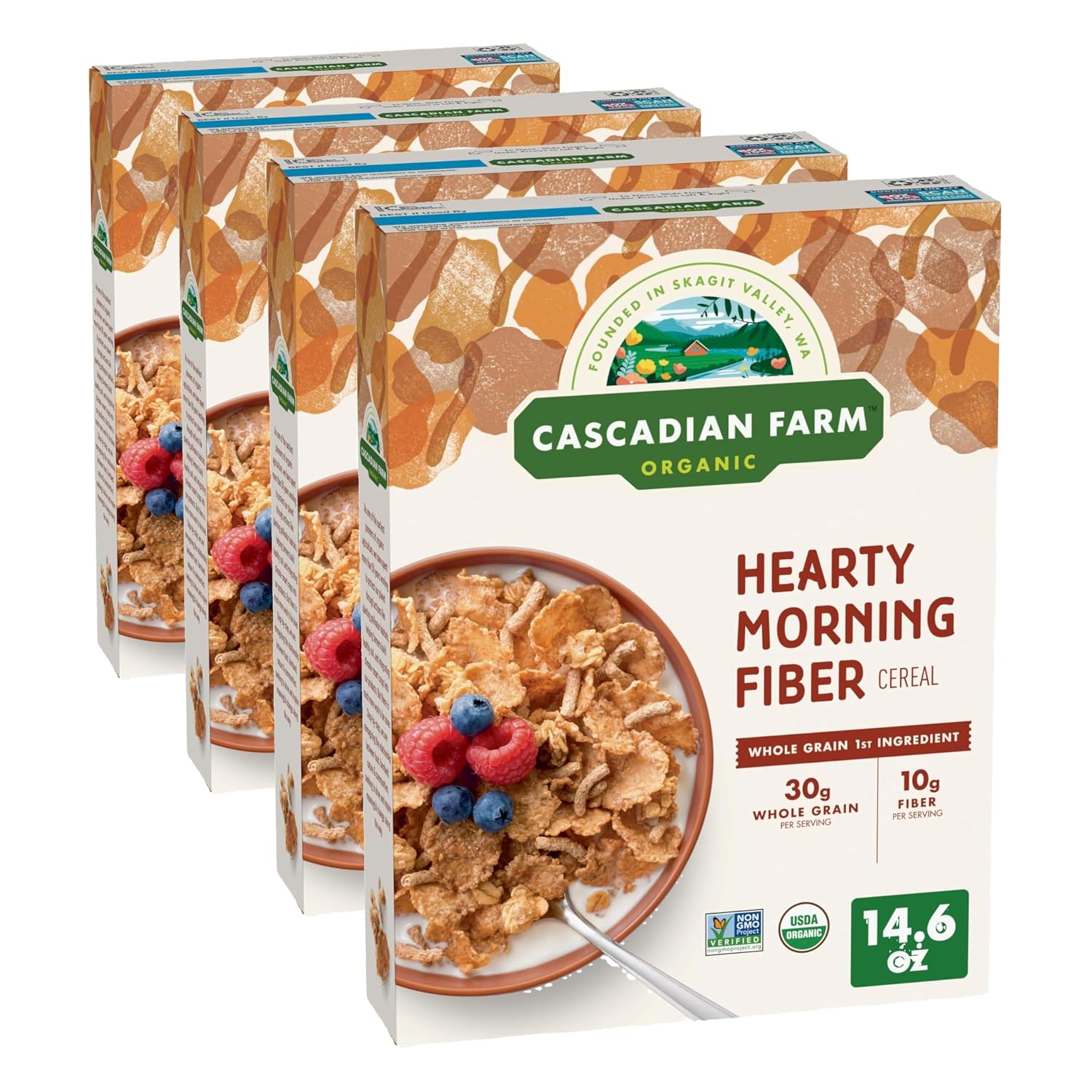 Cascadian Farm Organic Hearty Morning Fiber Cereal 14.6 oz Box,(Pack of 4)