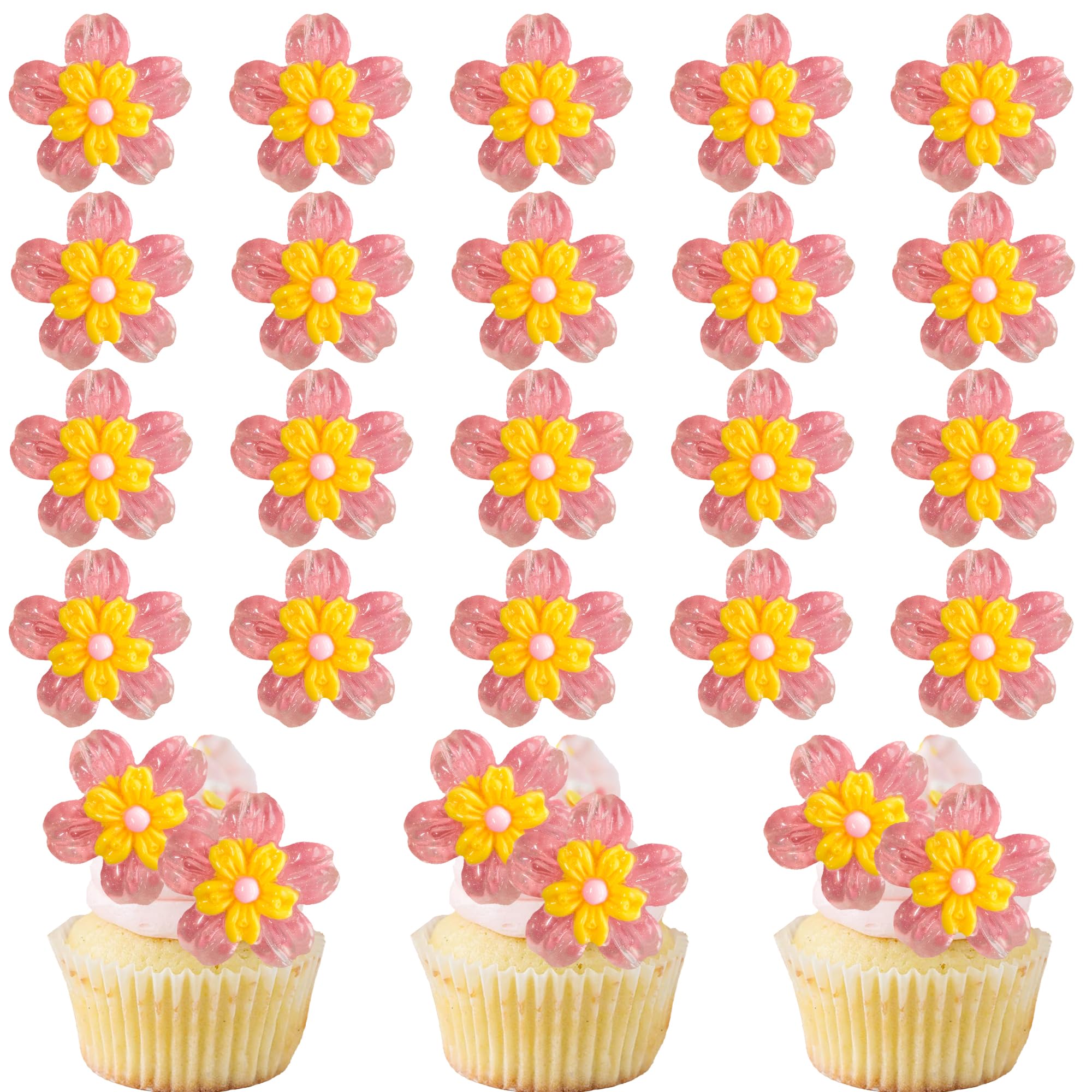 Gyufise 30Pcs Cherry Blossom Cupcake Toppers Peach Blossom Flowers Cupcake Picks Flowers Birthday Decorations for Bridal Engagement Baby Shower Birthday Wedding Party Supplies Rose Red 3