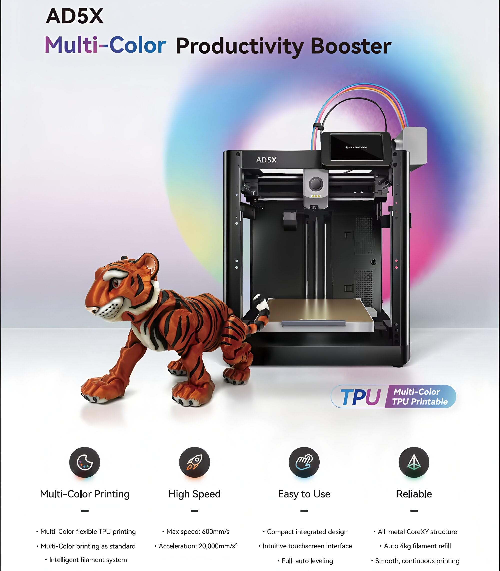 Stampante 3D AD5X con stampa multicolore, sistema intelligente del filamento, livellamento automatico con un solo clic e controllo di gruppo (Adventurer 5X)