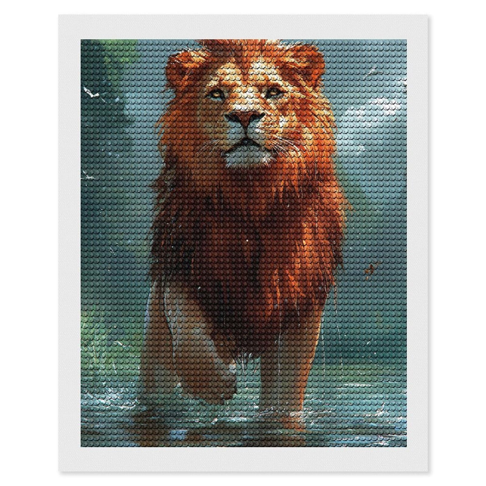 Junmoney Majestic Lion in Water Diamond Art Canvas 16"x20", for Family Craft Time, Creative Leisure Activity, Living Room Decor, Festive Craft Gift