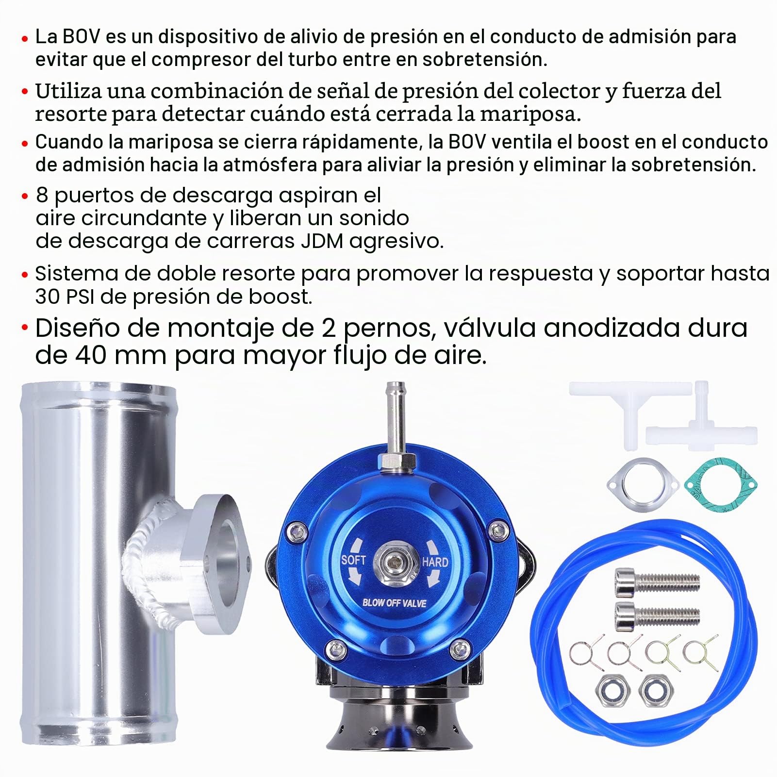 Válvula de Descarga Turbo BOV Universal de Aluminio - Profesional Con Tubo de Brida de 2,5 Pulgadas y 8 Puertos Para Coche de Carreras (Azul)