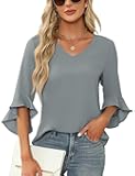 Womens 3/4 Sleeve Tops Chiffon Floral Blouses Dressy Casual V Neck Shirts Fashion Clothes