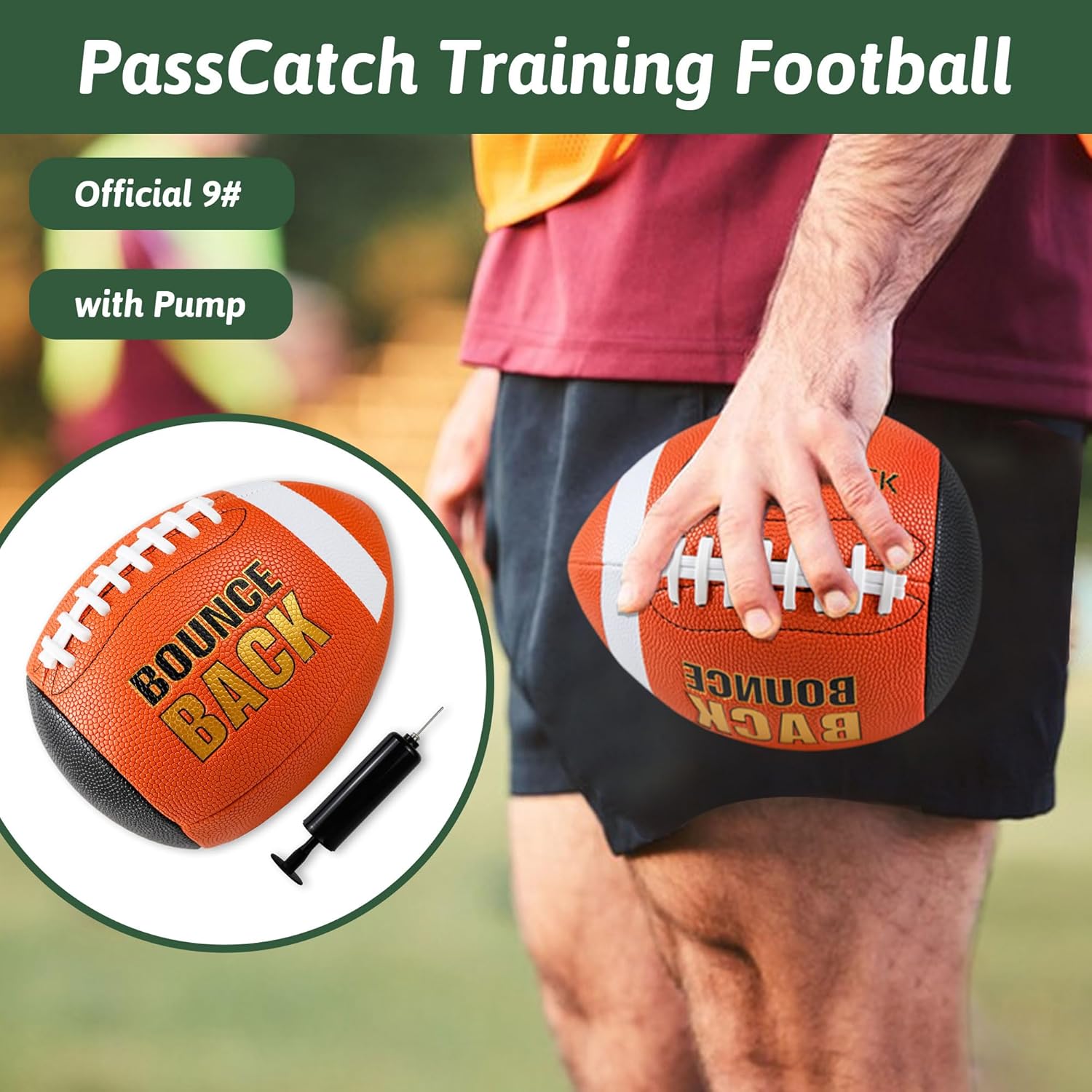 BOUNCEBACK Soft Leather Training Football, Youth Size & Official Size, Fatherless PU PassCatch Solo Enhancing Passing Catching(with Pump)