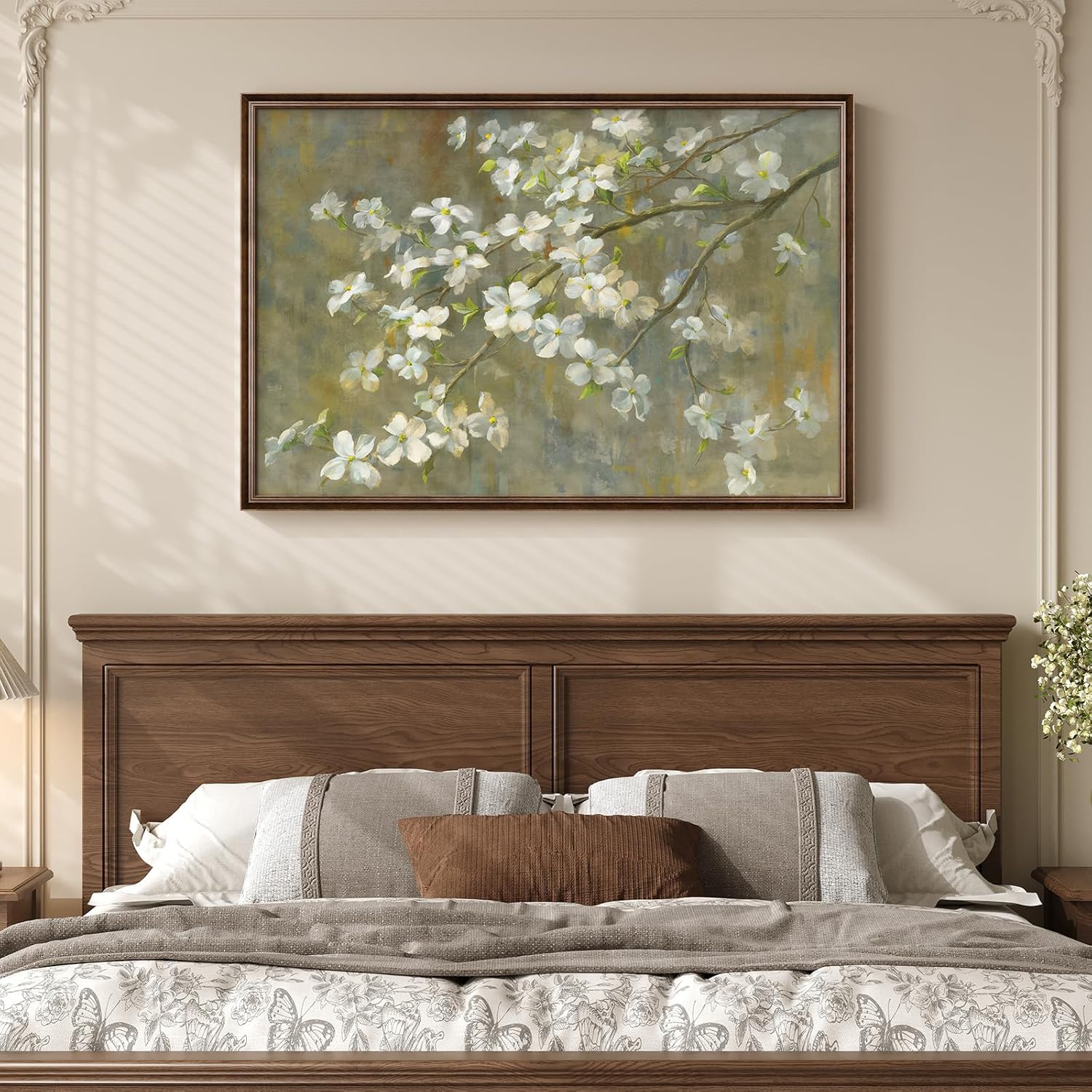 framed vintage floral wall art, green white neutral farmhouse botanical canvas painting prints artwork for walls, rustic retro flower picture for living room bedroom kitchen hallway wall decor, 24x36 36"l x 24"w green b
