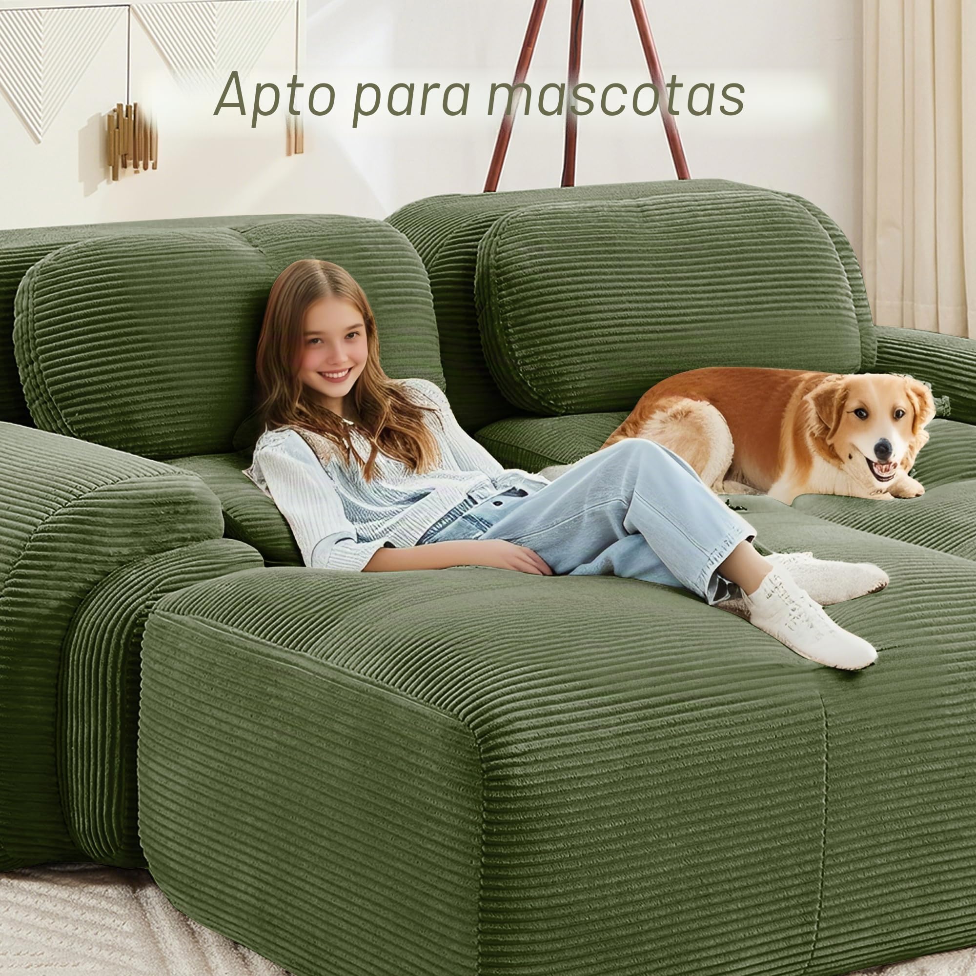 Bladez Sofá moderno de cuerda de 3 plazas Modular sofá esquinero en forma de L con puf Otomano, Sin montaje, sofá Cloud combinable, para salón (Verde, 3 plazas+1)