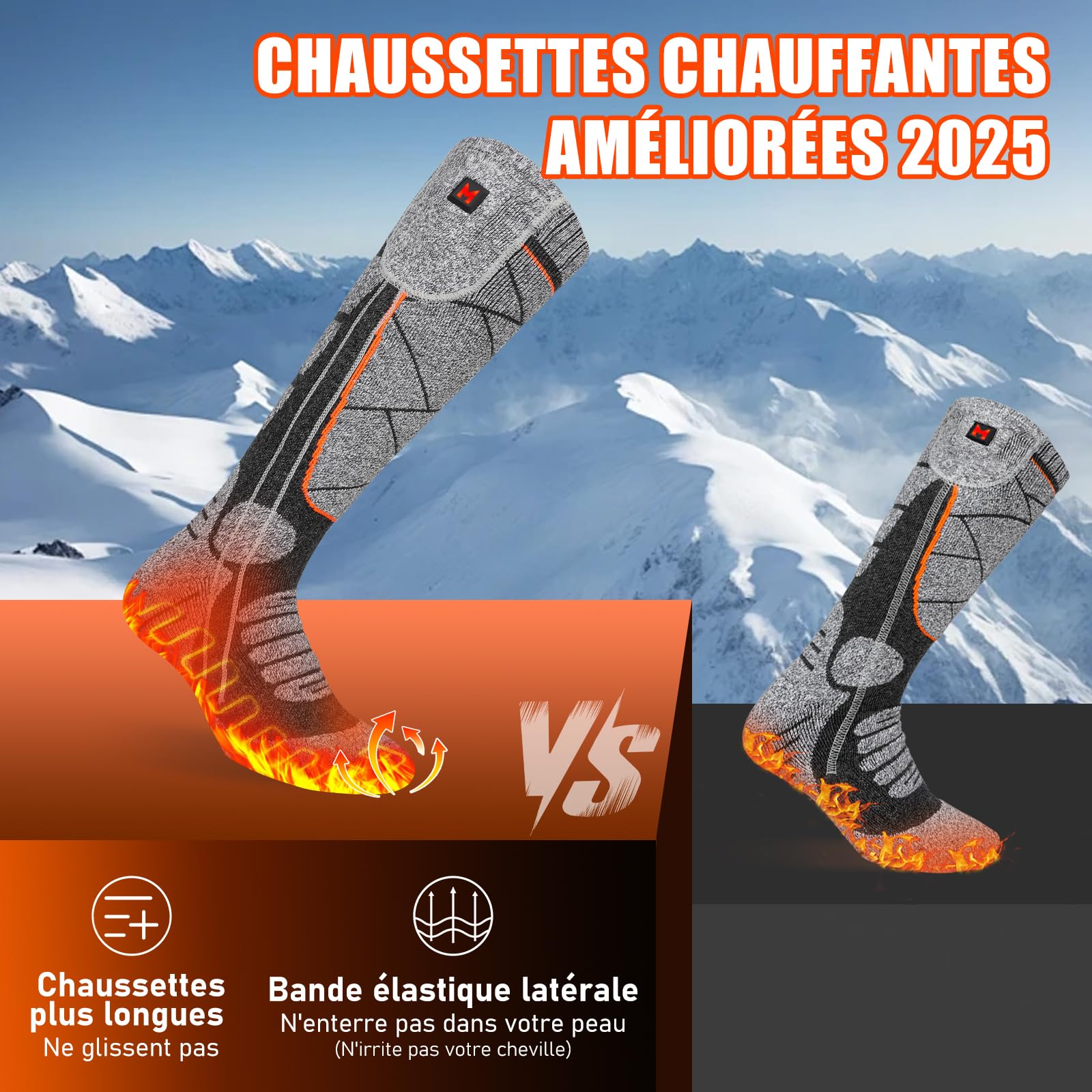Chaussettes Chauffantes USB Rechargeable 6000mAh 3 Niveaux Chauffage Électrique pour Hommes Femmes Ski Cyclisme Moto Orange Gris