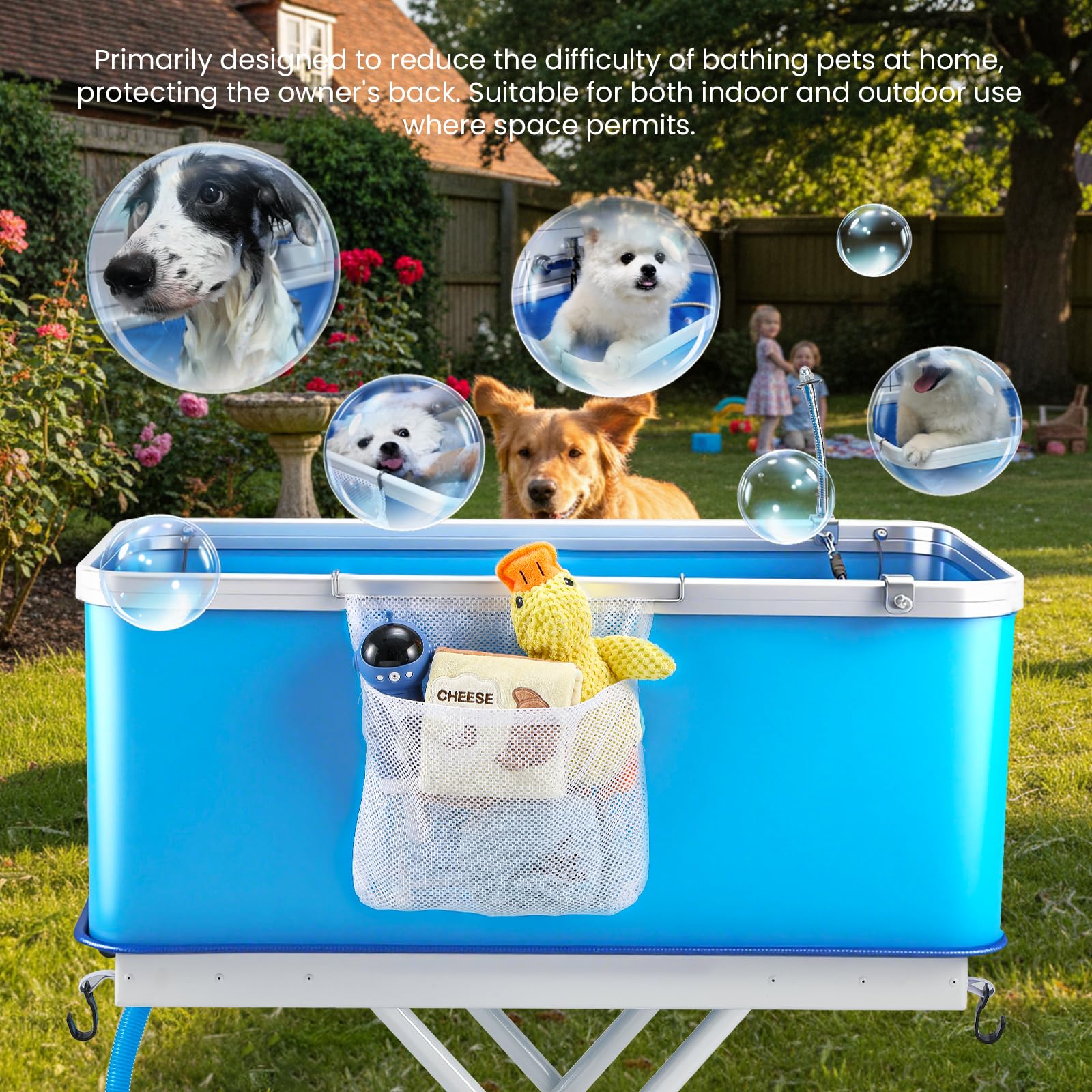 NEWTRY Grande vasca da bagno pieghevole con scarico, carico massimo 80 kg, regolabile in altezza, ruote bloccate, adatta per cani e gatti di piccola e media taglia (blu)