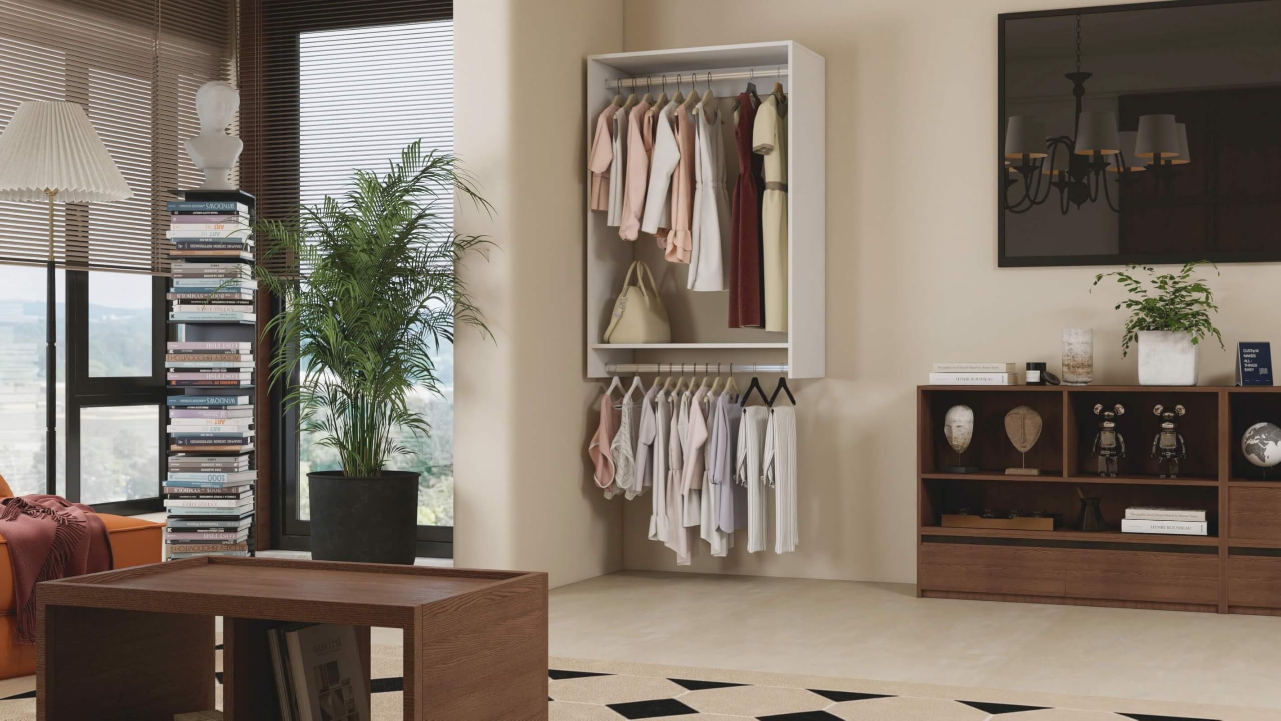 Nesbsakte Modular Closet Organizer System with 2 Hangingrods Shelves Wall Mount Shelving for Walk in Closet Bedroom Organization Built in Clothes Storage White 31.5''L x 15.75''W x 47.24''H