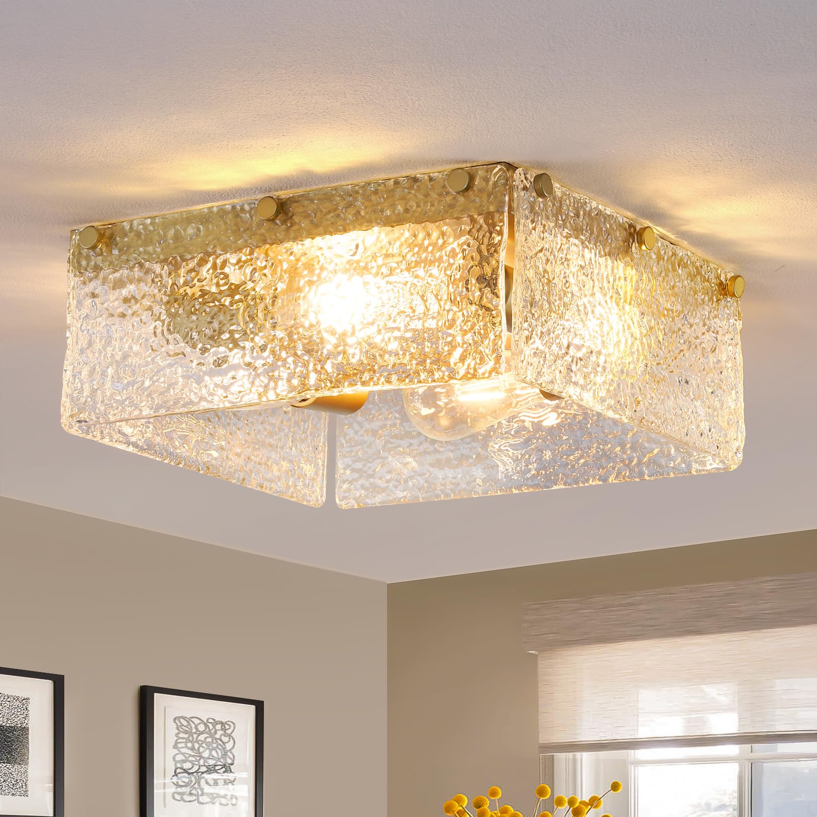 Photo 1 of MWZ Modern Gold Semi Flush Mount Ceiling Light Fixture with Hammered Glass Shade, 4-Light 13.2'' Farmhouse Dimmable Flush Mount Lamp with Square Metal Chassis for Kitchen Island Hallway Laundry