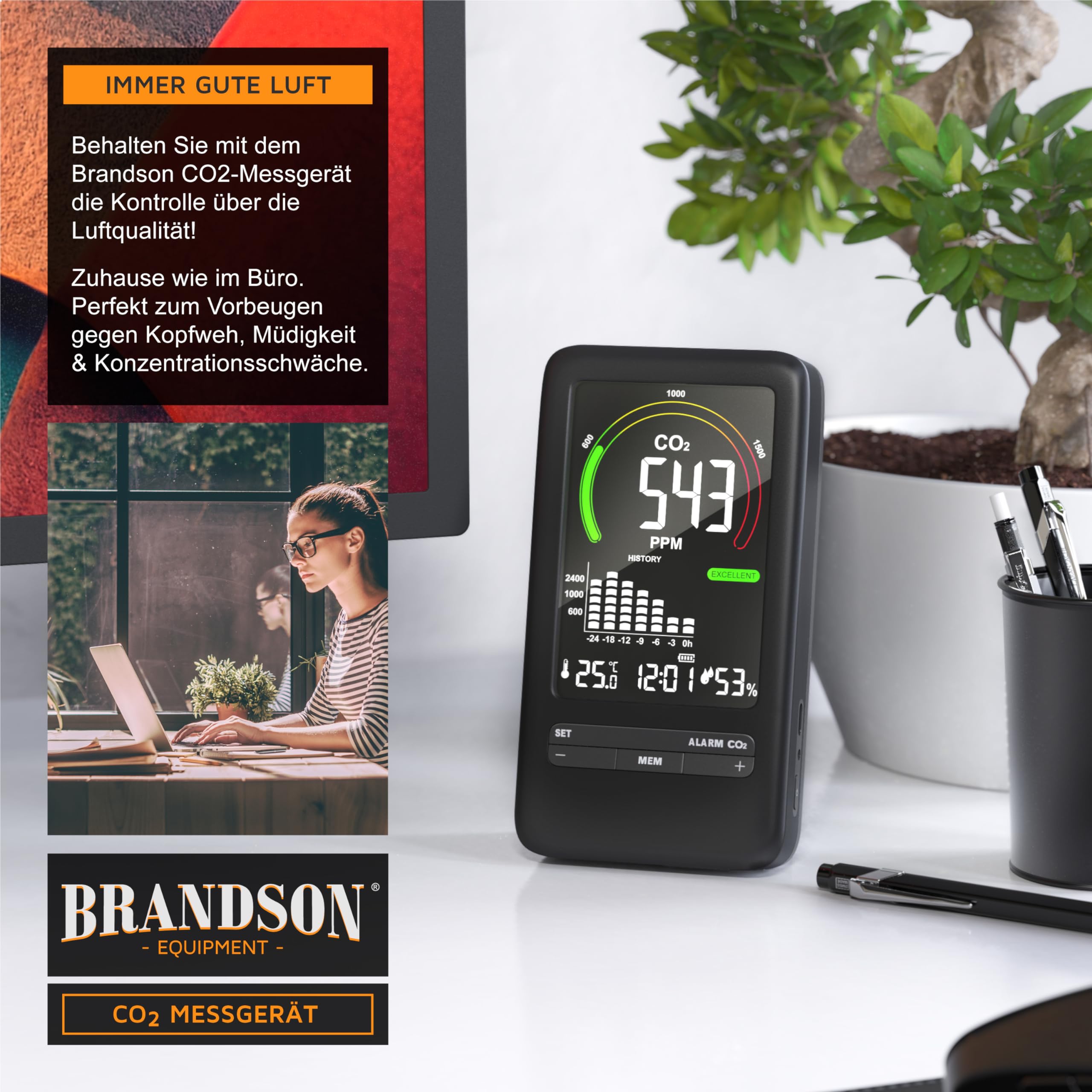 Brandson CO2 Melder Messgerät Kohlendioxidmessung PPM mit Akku 2000 mAh Alarm Wecker Schlummerfunktion Temperatur Uhrzeit Luftfeuchtigkeit schwarz
