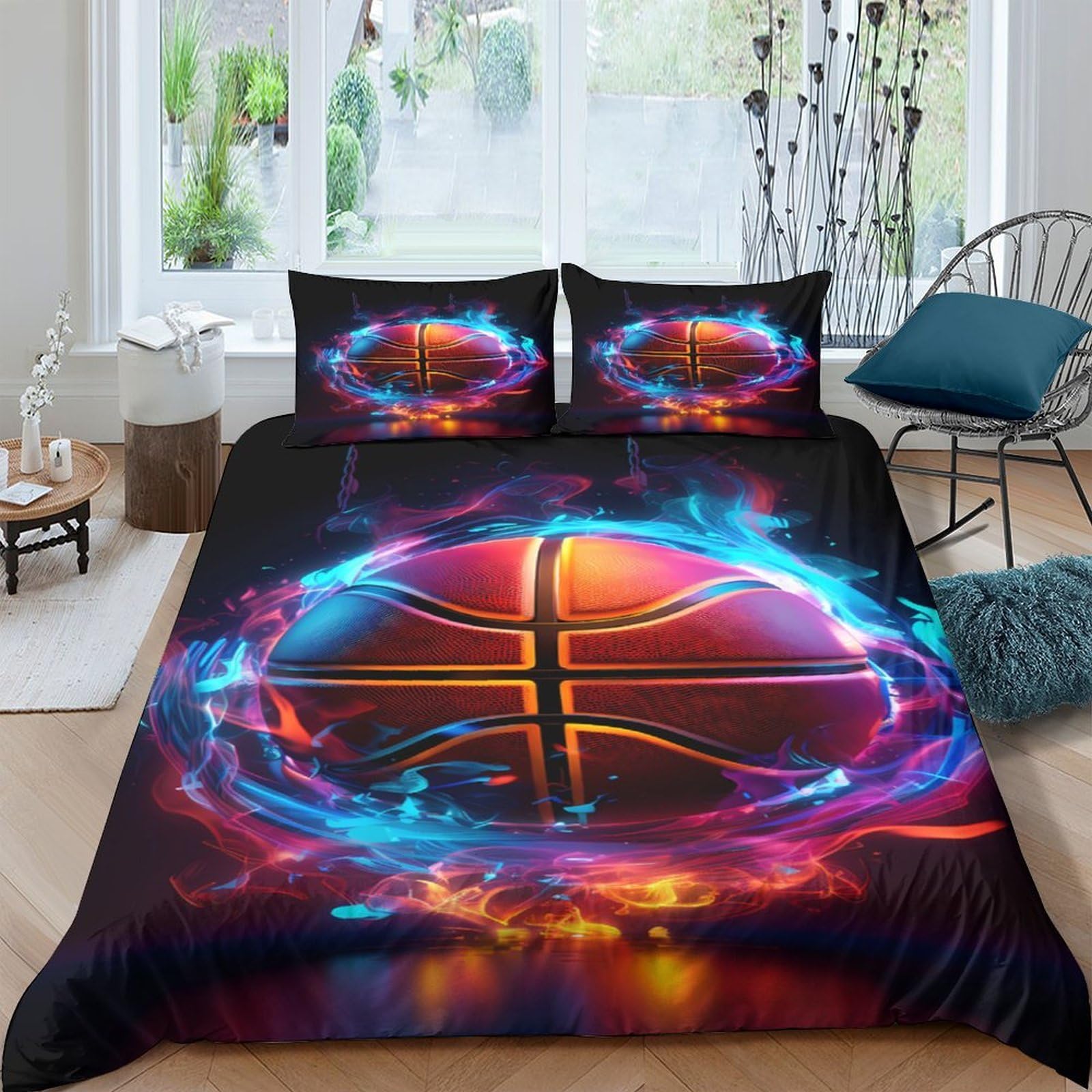 Ctjqhvkz Style-10 3D Printed Fire Basketball Fitted Sheet Microfiber Deep Blue Neon Splash Mattress Cover Anti-Slip For Bedroom Guest Room Decor Single（135X200cm）