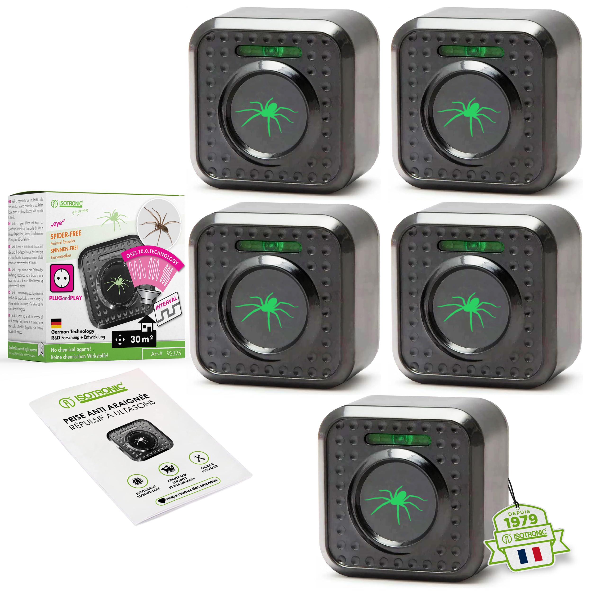 ISOTRONIC® Prise Anti Araignée Répulsif à Ultrasons contre les Araignées appareil électrique sans produits chimiques contre les insectes pour usage intérieur pour Chambre Salon Cuisine, Lot de 5