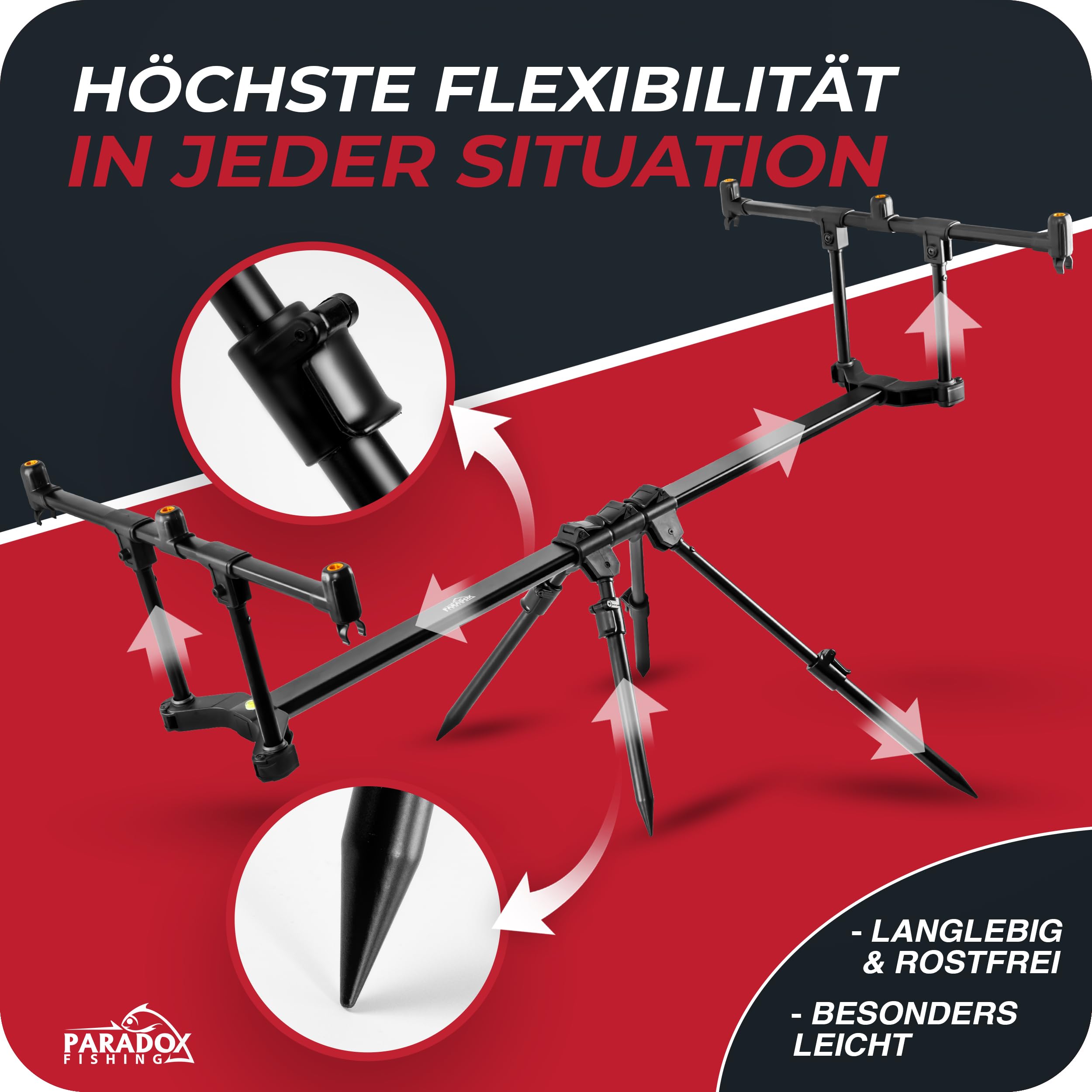 Paradox Fishing Rod Pod für 3 Ruten | Aluminium Rutenhalter verstellbar & rostfrei | Stabiler Karpfen-Rutenständer mit Wasserwaage | Inkl. Transporttasche | Angelablage für Ansitz- & Karpfenangeln