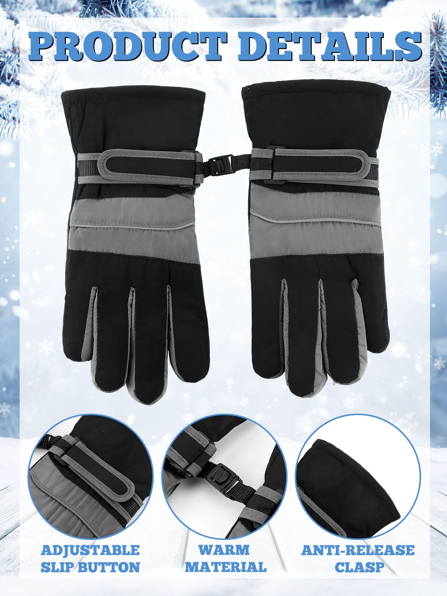 Geyoga 3 Paia Guanti da Sci Impermeabili Manopole Invernali Isolati da Snowboard da Bambini (Rosso, Nero, Blu, 8-12 anni)
