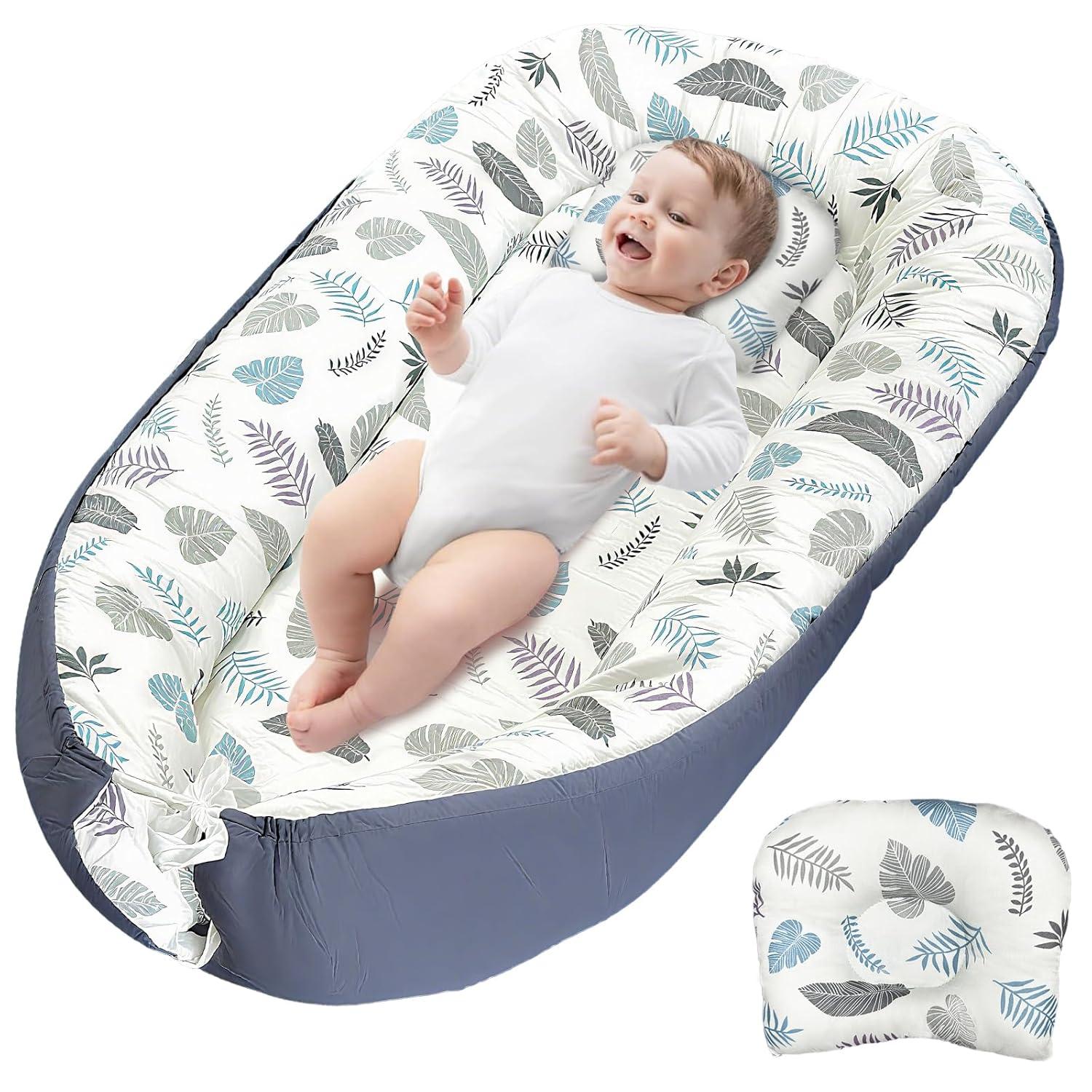 JIFTOK Baby Nests Lounger for Newborn, Snuggle Sleeping Bassinet for 0-24M, Breathable Portable Co Sleeping Bed, Baby Essentials Adjustable Infant Soft Cotton Loungers for Home & Travel -Plant