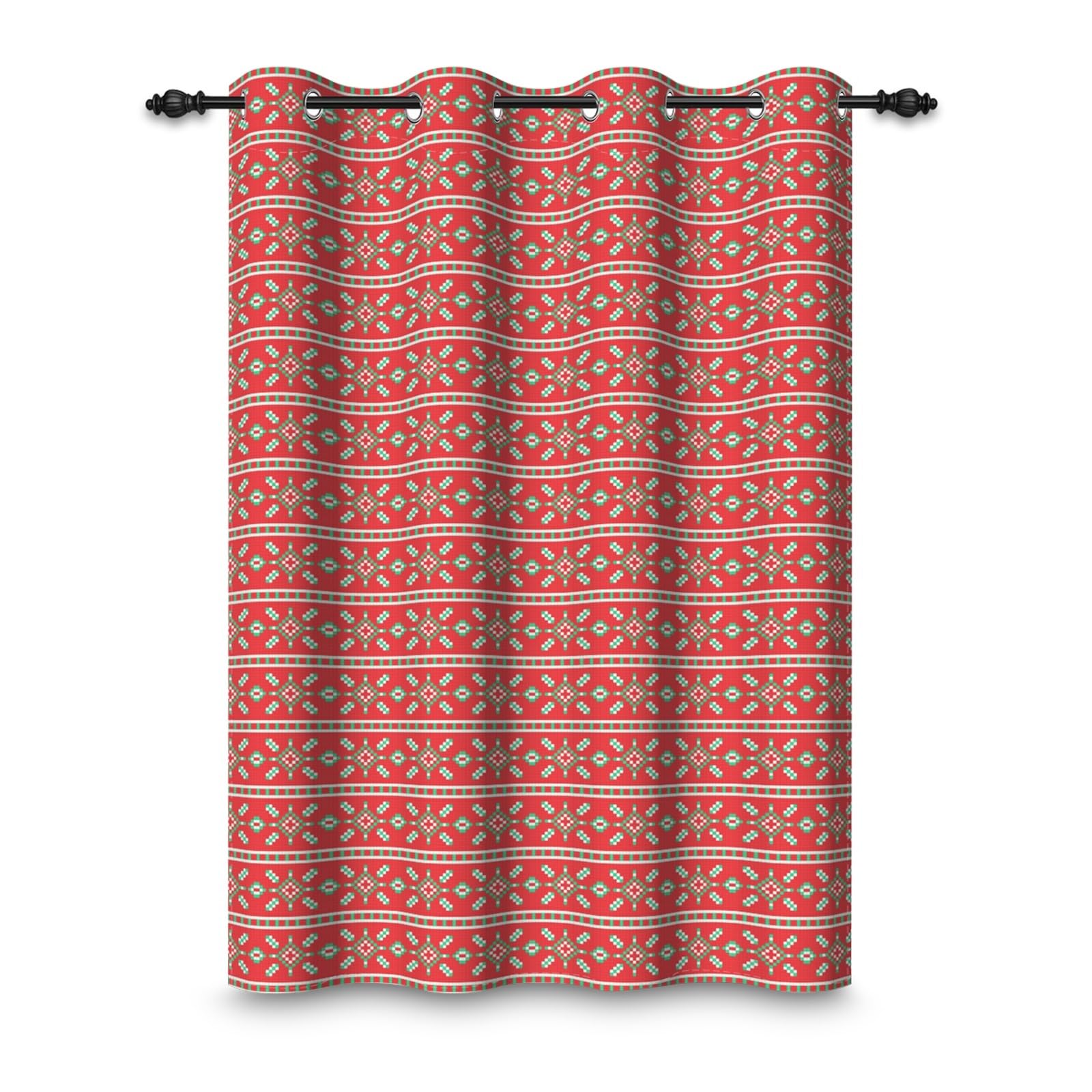 ggaimwf 42"x 63" Vintage Geometric Pattern Eyelet Curtain Red Green Snow Winter Grommet Room Dividers Blackout Window Drapes for Christmas Decoration Girls Boys Bedroom Living Room,1-Single Panel