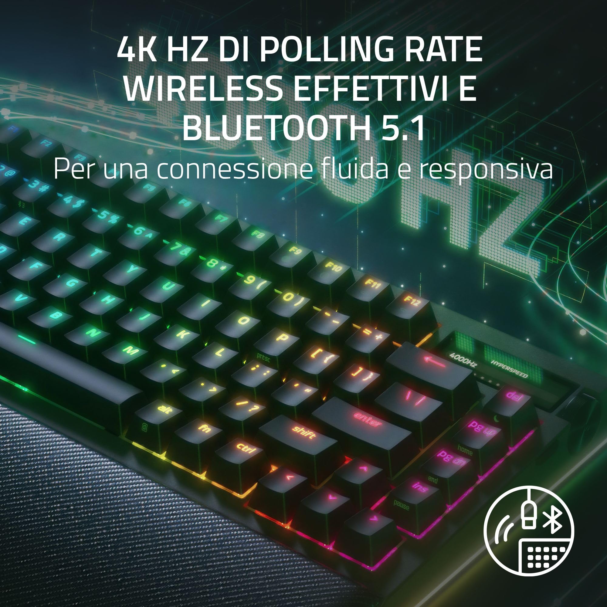 Razer BlackWidow V4 Pro 75% - Tastiera da gioco wireless sostituibile a caldo - Display OLED (ghiera dei comandi, 4K Hz e connettività Bluetooth, poggiapolsi magnetico) Layout US ISO | Nero