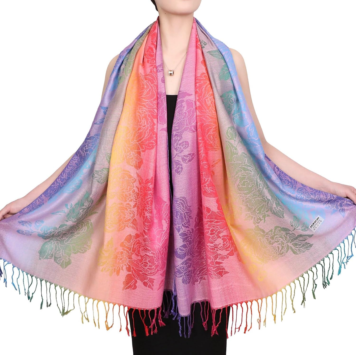 Colorful flowers Jacquard cotton pashmina Women Wrap Shawl tassels Scarves - Image 3
