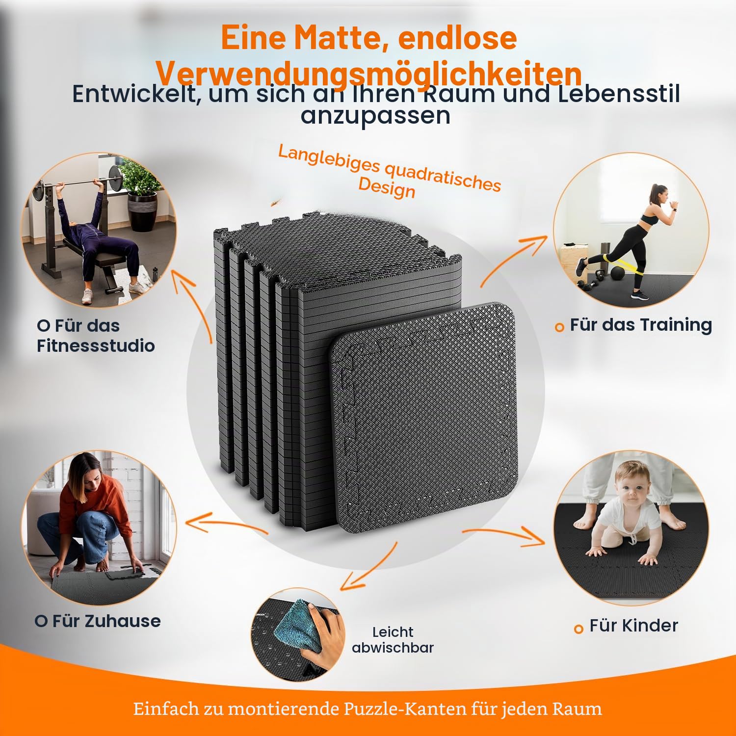24 St. Bodenschutzmatte Fitness, mit Rand 20 St; Schwarz Viereckig je 30,5x30,5cm, 1cm Dick. Gesamt 175cm X 118cm (2,07m²) Unterlegmatten Schutzmatten Bodenmatten Sportmatten Puzzlematte EVA