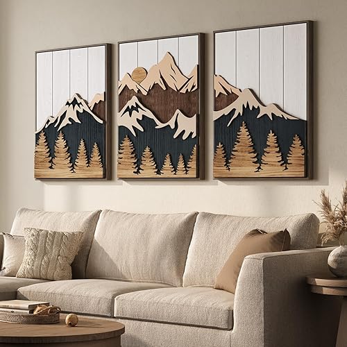 Framed Wood 3D Mountain Textured Wall Art for Living Room,