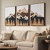 Framed Wood 3D Mountain Textured Wall Art for Living Room, Set of 3 Farmhouse Modern Wood Artwork for Walls, Large Mountain Forest Landscape Wall Art Decor for Home Office Bedroom Hallway, 20x30 Inch