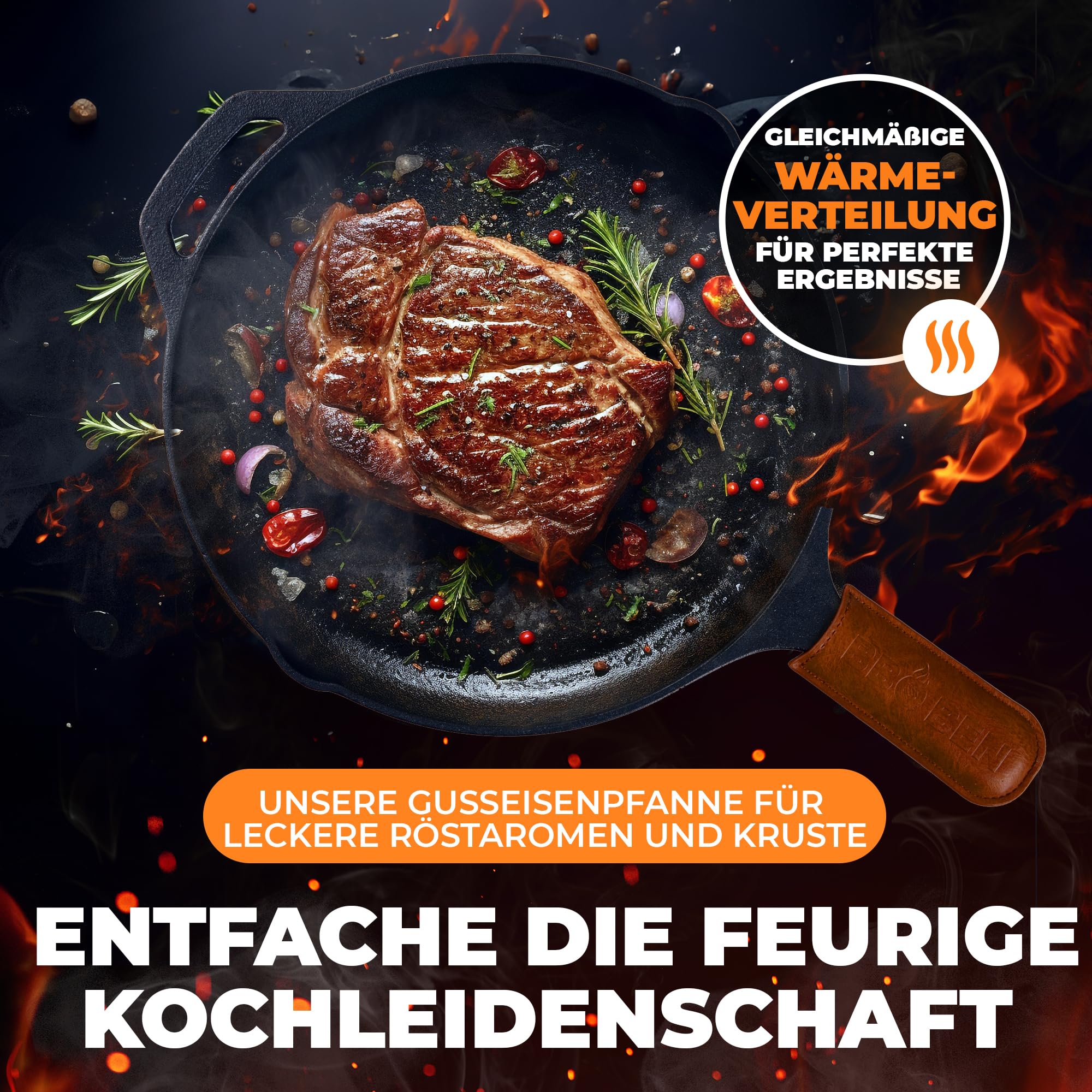 BBQ Ben Gusseisenpfanne Induktion [Feuerfest] Cast Iron Pan - leckere Röstaromen & knusprige Kruste, Grillpfanne Gusseisen, Eisenpfanne, Ofenfeste Pfanne, Antihaft-Bratpfanne, Gusspfanne Grill (30 cm)