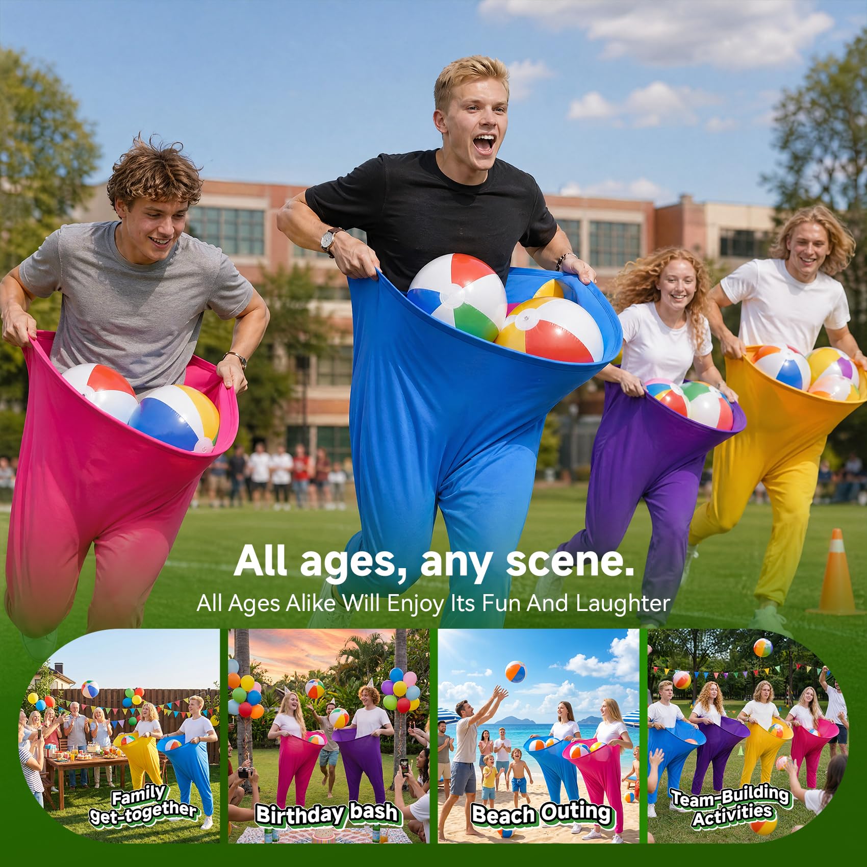 Granny Pants Partyspiel-Set für 8+ Spieler, 4-farbige Team-Hinterhof-Spiele mit 16 Hüpfbällen und 2 Pumpen – lustige Outdoor-Feldtag-Wurfspiele für Erwachsene, Kinder, Familientreffen, Grillparty