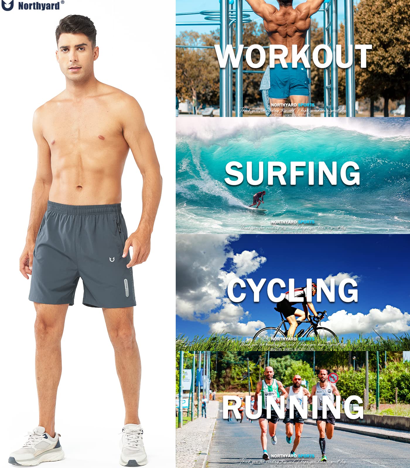 NORTHYARD Męskie sportowe spodenki do biegania szybkoschnące spodenki treningowe 17,8 cm/12,7 cm/23 cm lekkie sportowe spodenki do koszykówki na siłownię piesze wycieczki, Coolgrey, L