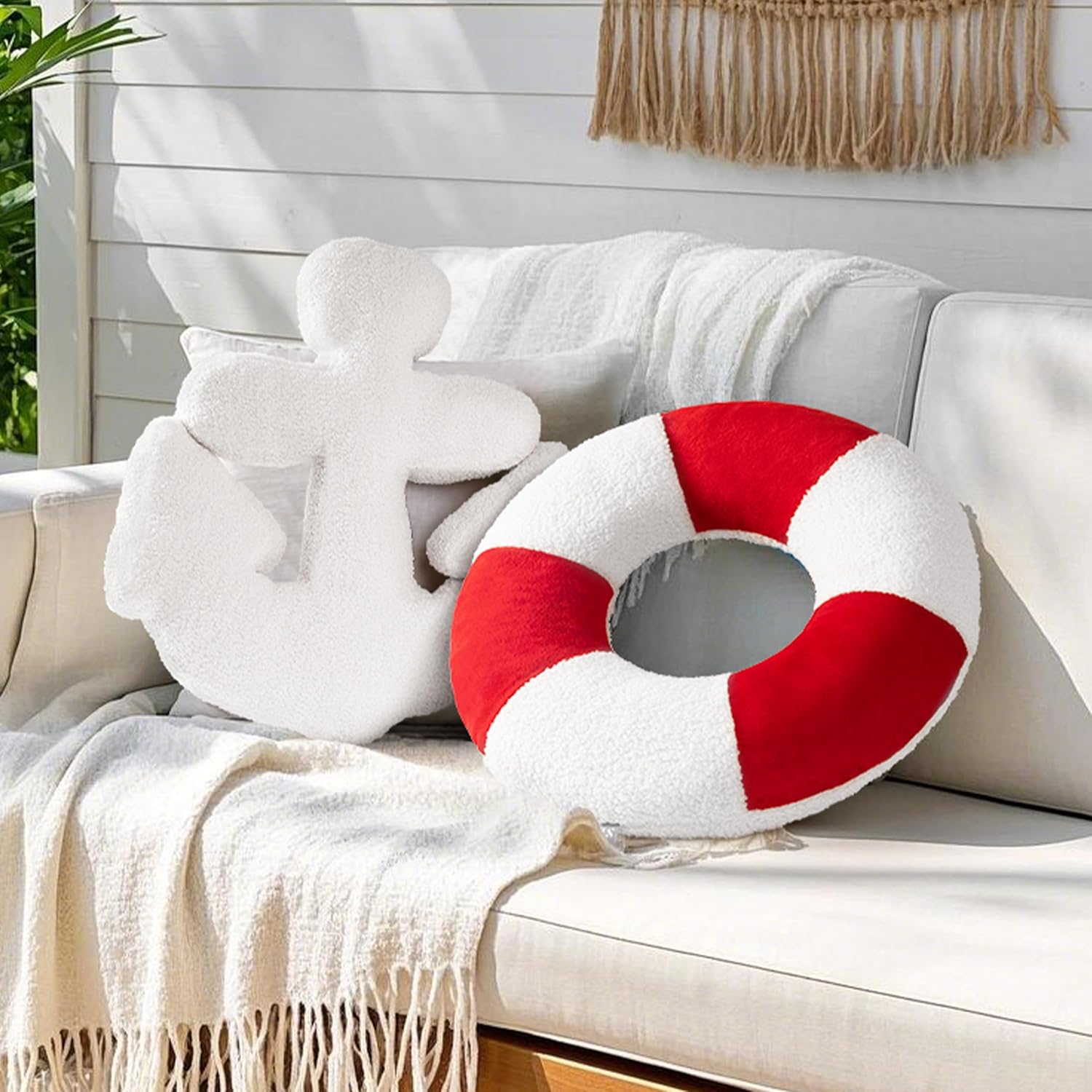 AELS 3D Anchor & Lifebuoy Nautical Throw Pillows, 19.6"& 15.7" Set of 2, Coastal Decor for Beach Enthusiasts Beach House, Ideal for Sofa Couch Living Room Bedroom and Nursery, Red and White