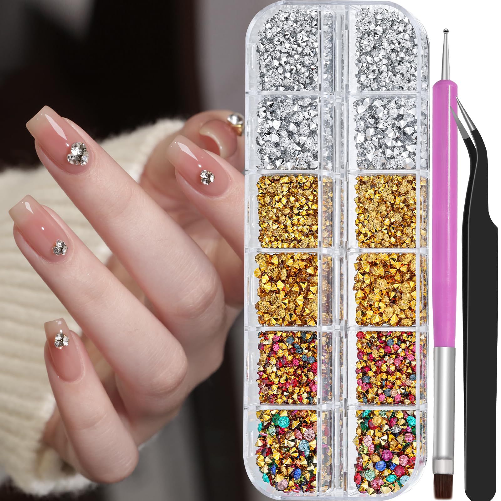 4200 Pcs Nail Art Rhinestones Kit,2-3mm Shiny Gold/Silver/Mixed Colors Rhinestones,3D Pointed Bottom Nail Gems with Tweezers and Dual-end Brush for