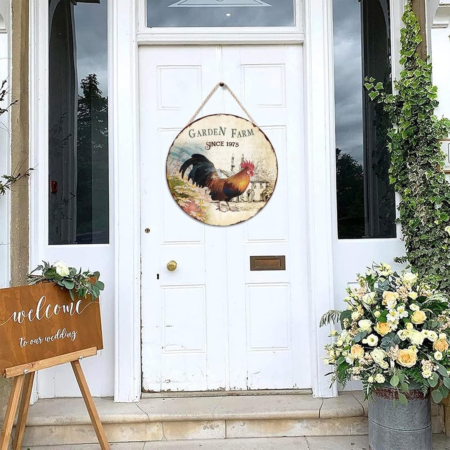 Chicken Front Door Round Wood Sign, Garden Farm Since 1975 Wood Door Sign, Art Font 16x16in Wall Hanging Sign Plaque for Front Door Farmhouse Porch Housewarming Gifts