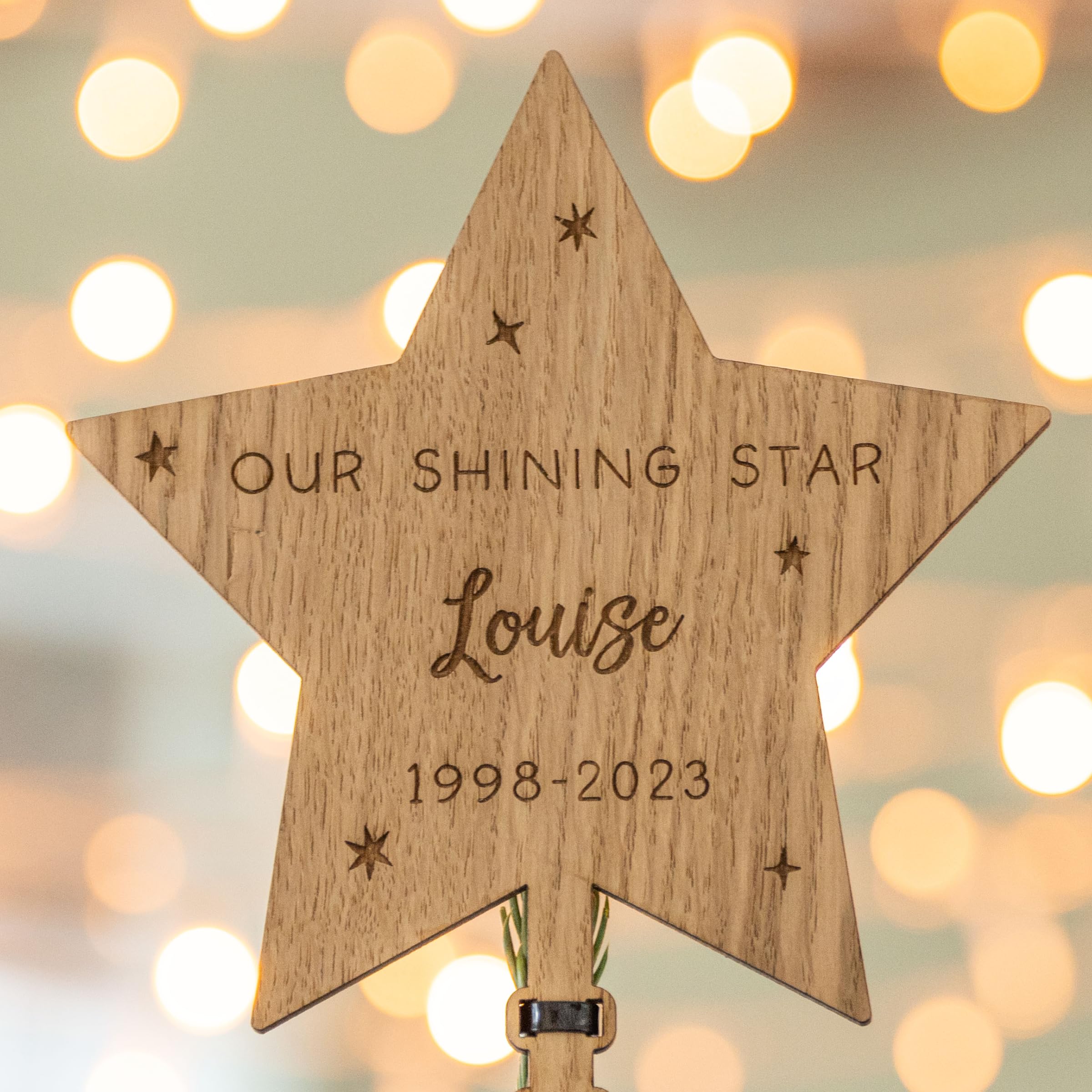Christmas tree topper 'our shining star' wooden personalised | alternative angel topper christmas tree decorations | personalised tree star topper in rememberance memorial in memory